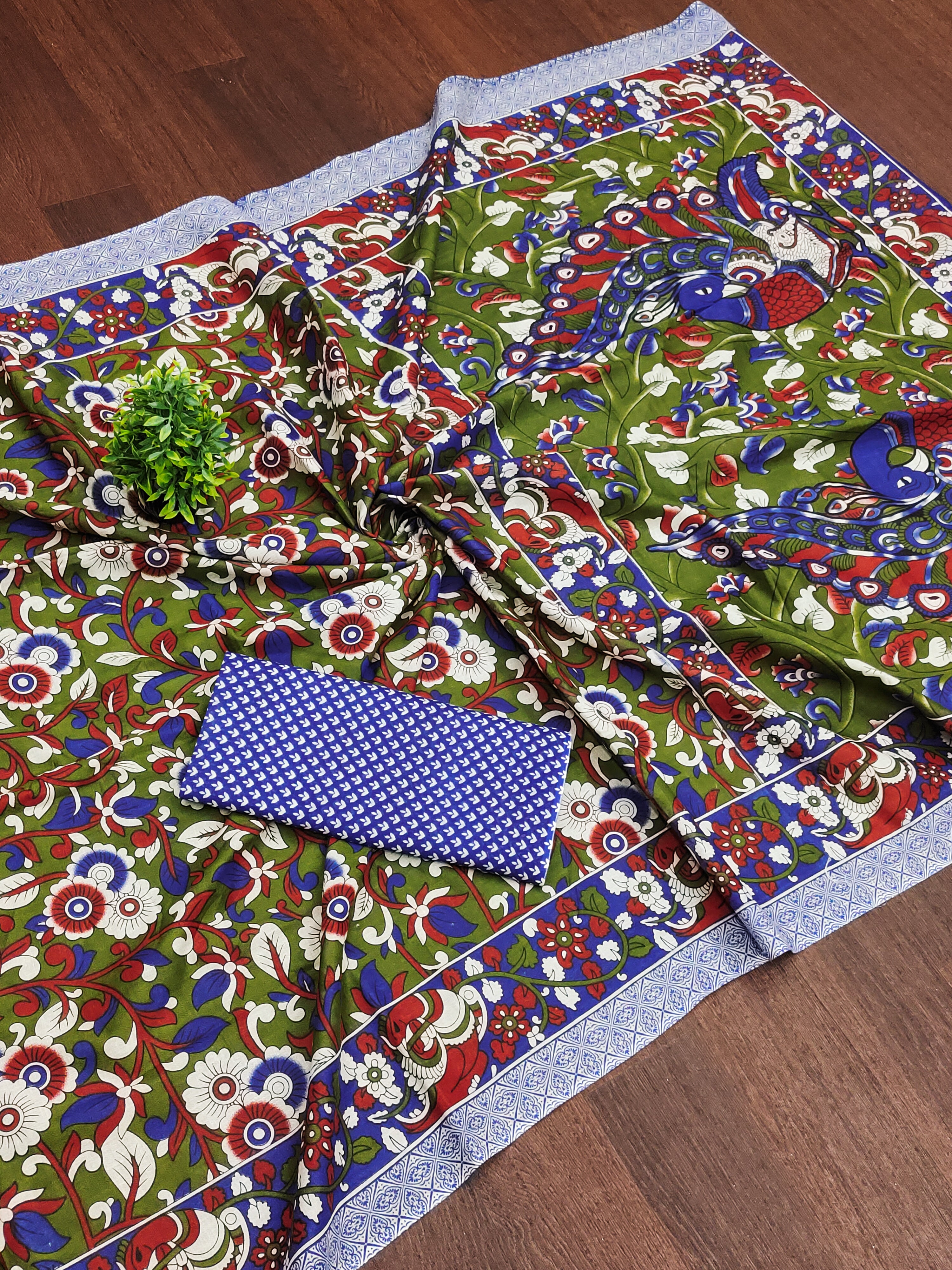 SELFI18 PURE MUL COTTON TRADITIONAL KALMKARI HANDBLOCK PRINT OLIVE GREEN SAREE