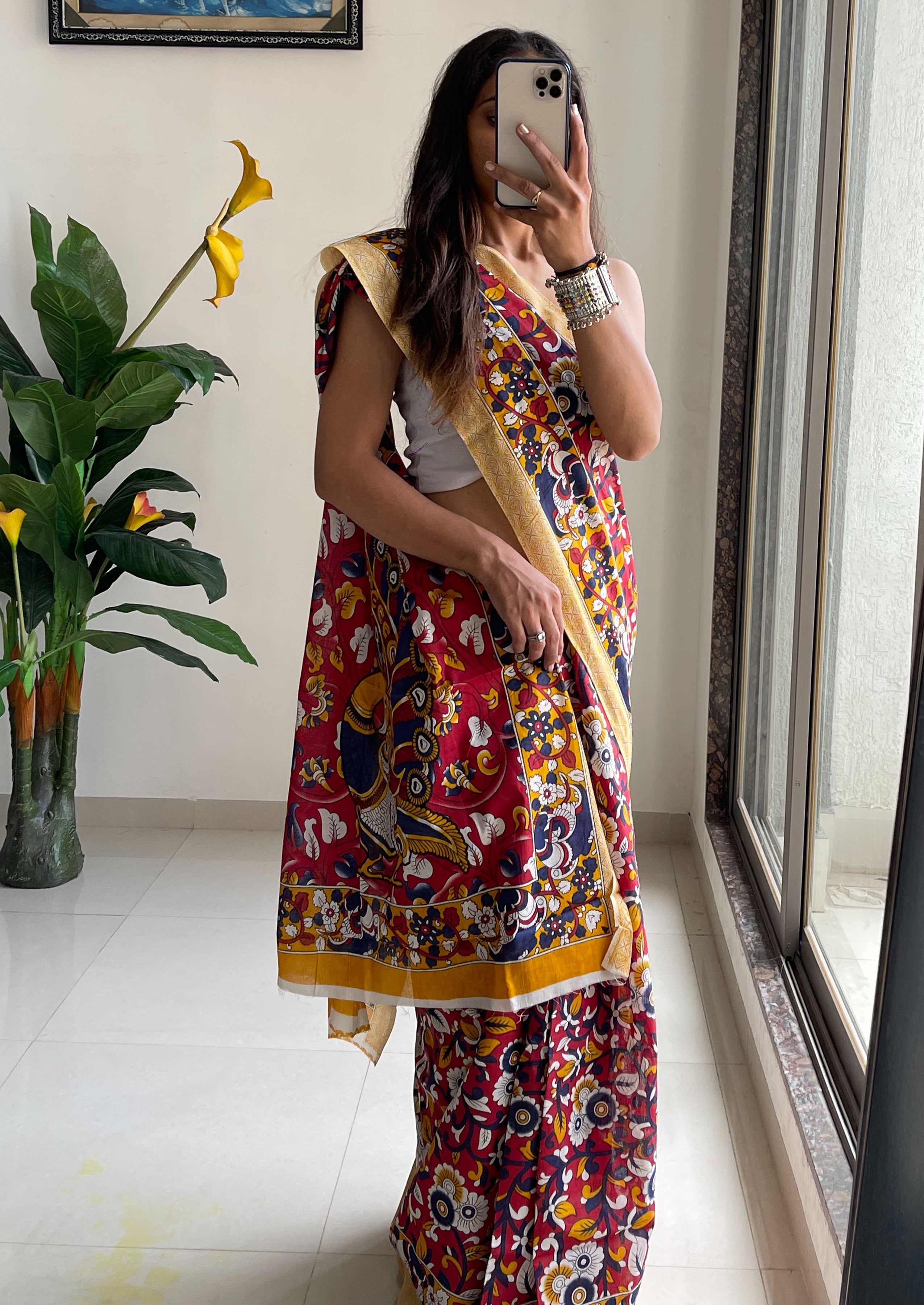 SELFI18 PURE MUL COTTON TRADITIONAL KALMKARI HANDBLOCK PRINT RED SAREE