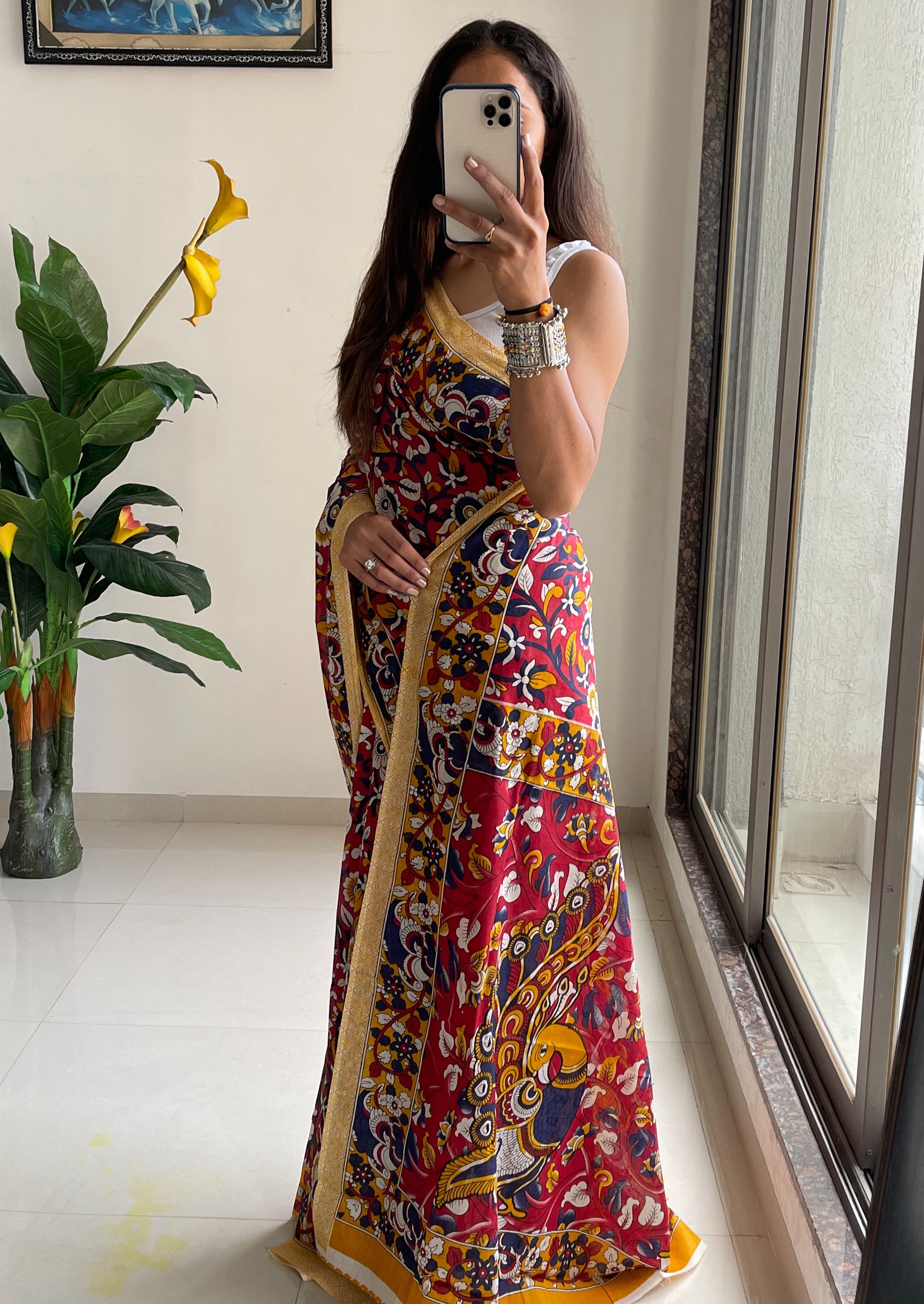 SELFI18 PURE MUL COTTON TRADITIONAL KALMKARI HANDBLOCK PRINT RED SAREE