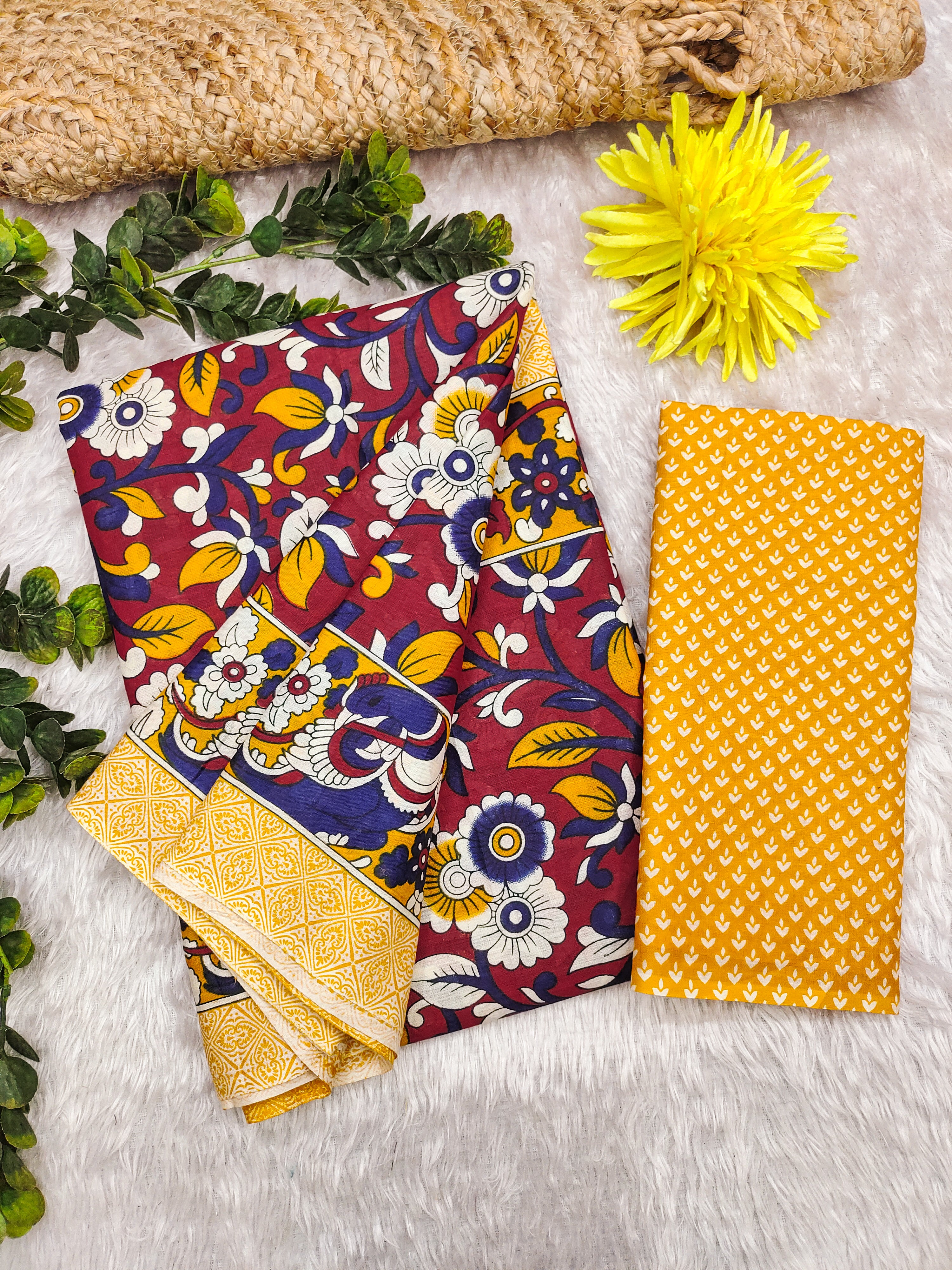 SELFI18 PURE MUL COTTON TRADITIONAL KALMKARI HANDBLOCK PRINT RED SAREE