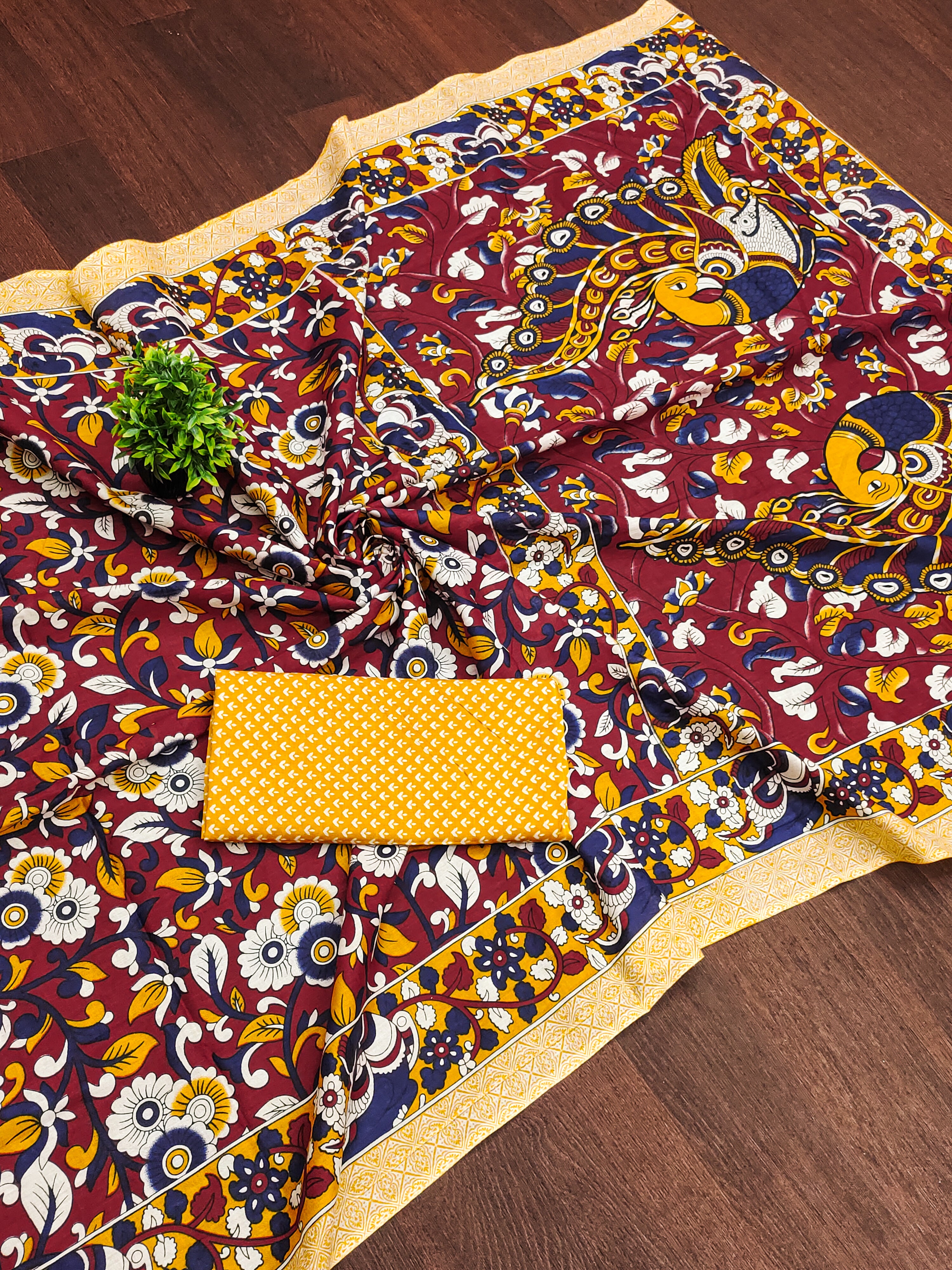 SELFI18 PURE MUL COTTON TRADITIONAL KALMKARI HANDBLOCK PRINT RED SAREE