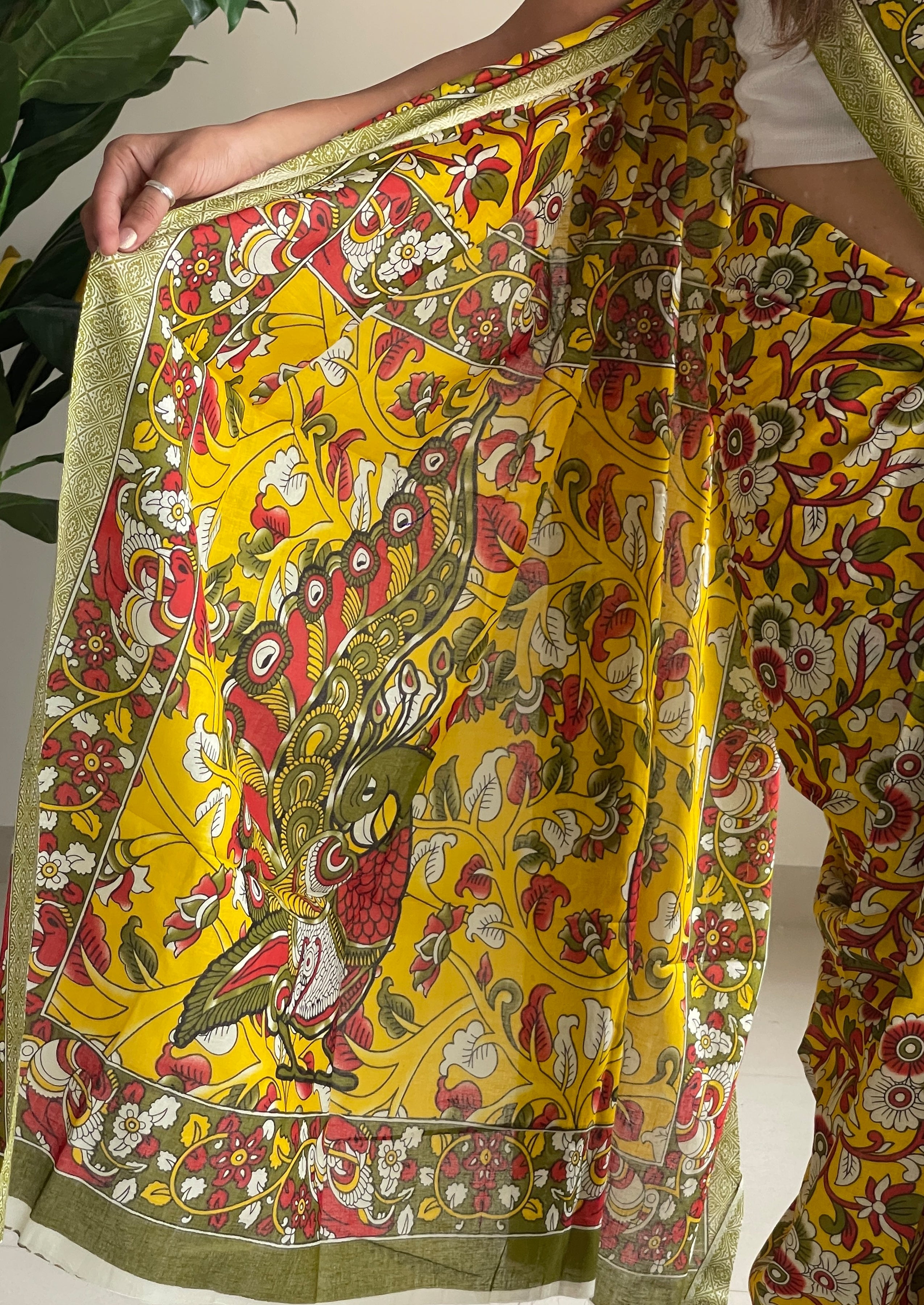 SELFI18 PURE MUL COTTON TRADITIONAL KALMKARI HANDBLOCK PRINT YELLOW SAREE