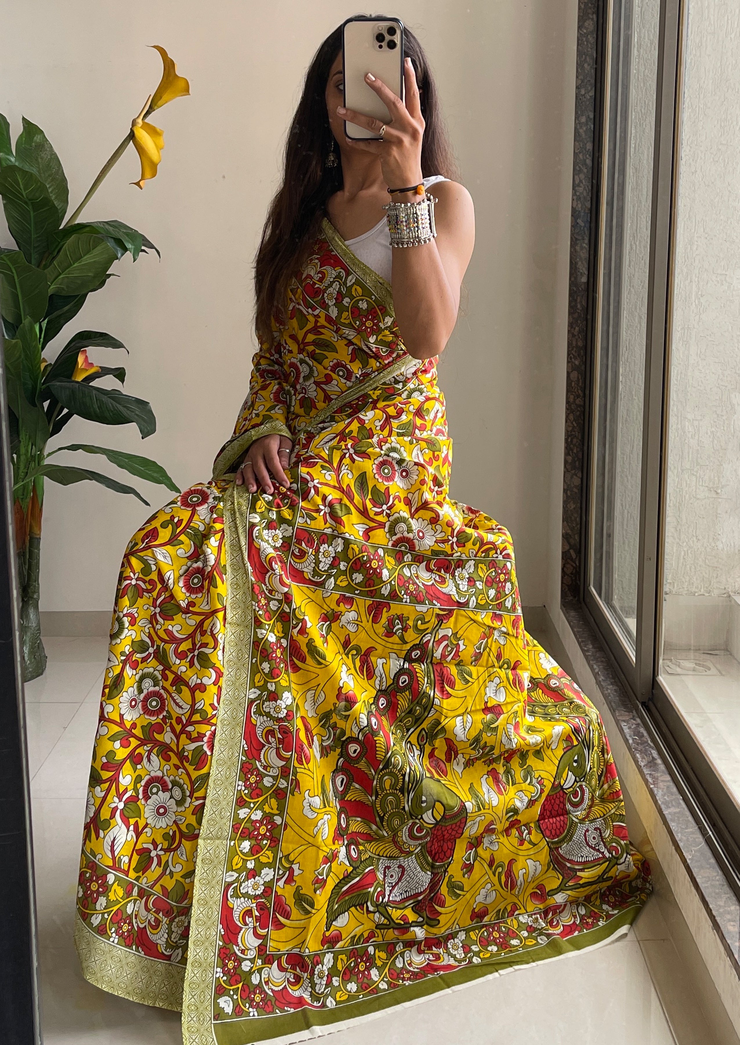 SELFI18 PURE MUL COTTON TRADITIONAL KALMKARI HANDBLOCK PRINT YELLOW SAREE