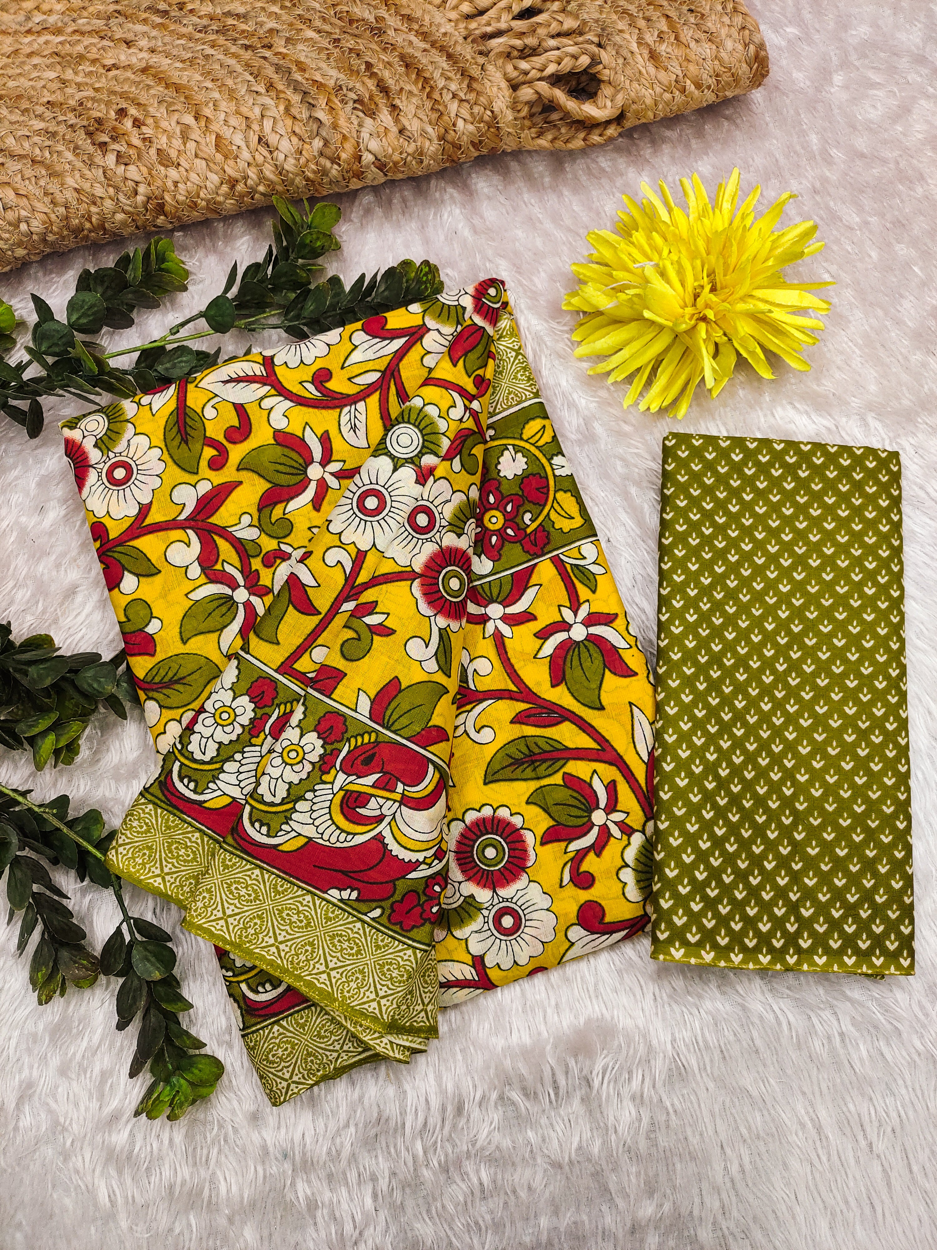 SELFI18 PURE MUL COTTON TRADITIONAL KALMKARI HANDBLOCK PRINT YELLOW SAREE