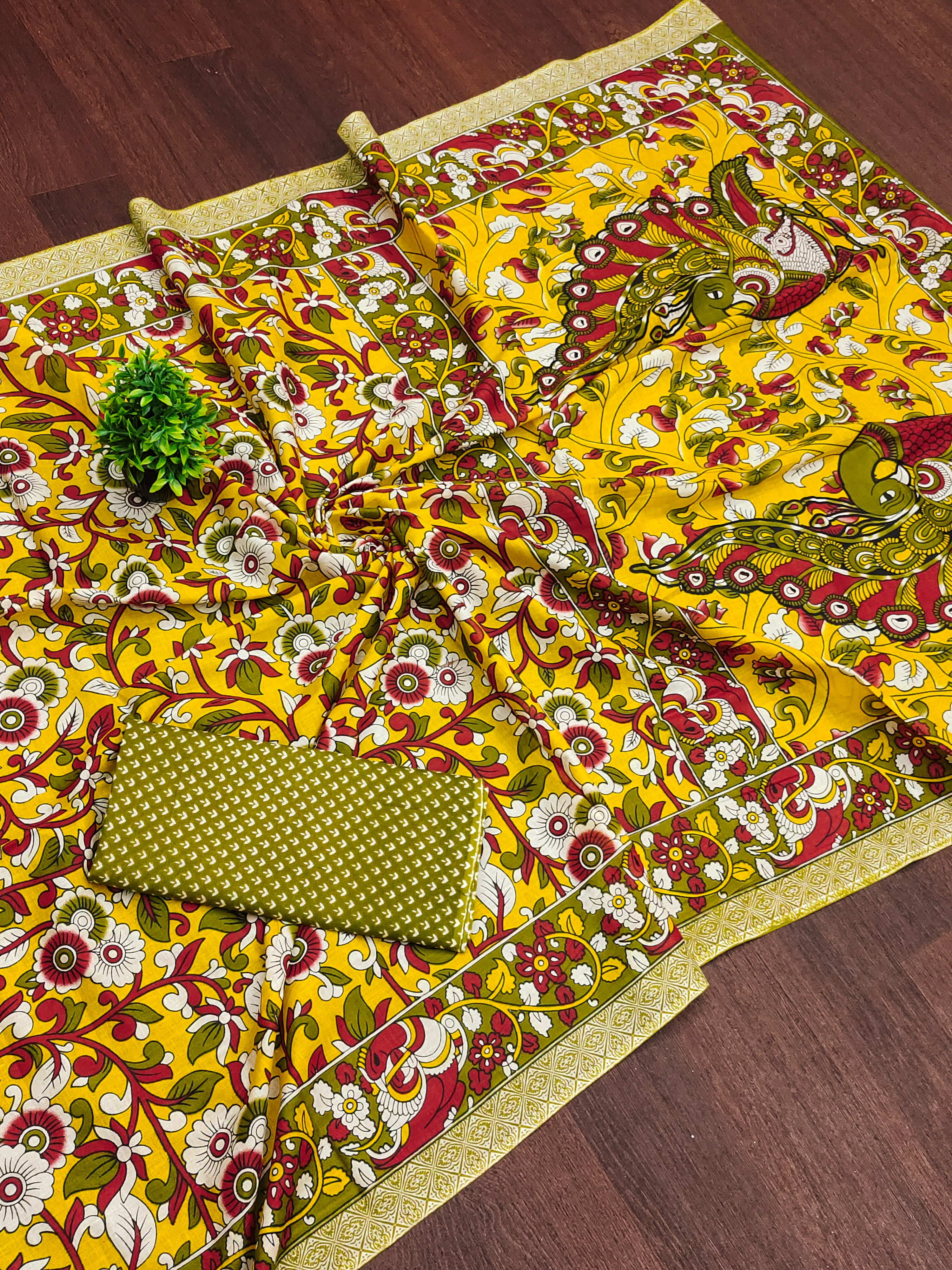 SELFI18 PURE MUL COTTON TRADITIONAL KALMKARI HANDBLOCK PRINT YELLOW SAREE