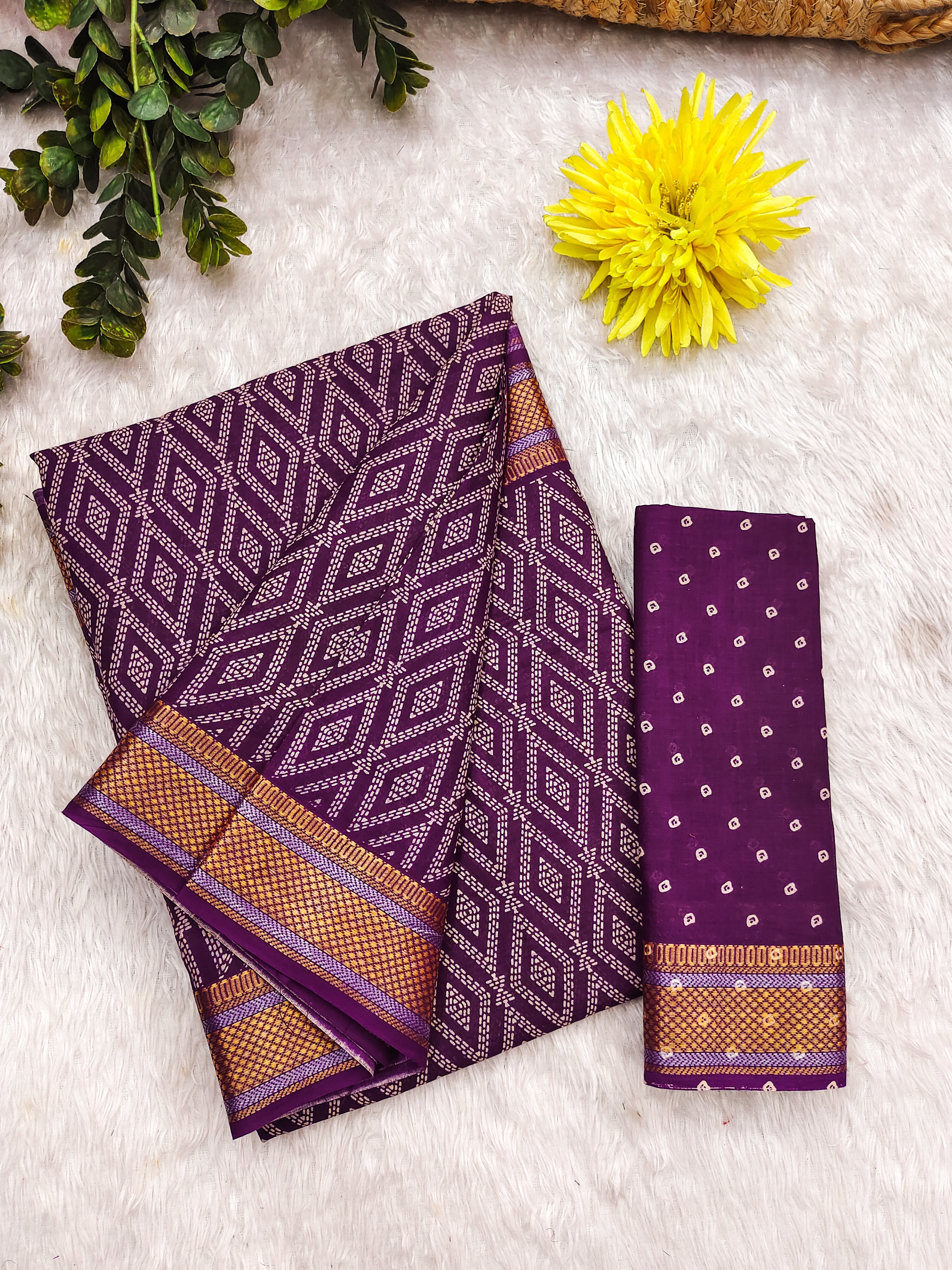 SELFI PRIMUM MULMUL COTTON WITH HEVY ZARI BORDAR BAGRU BANDHANI PRINTED PURPLE SAREE