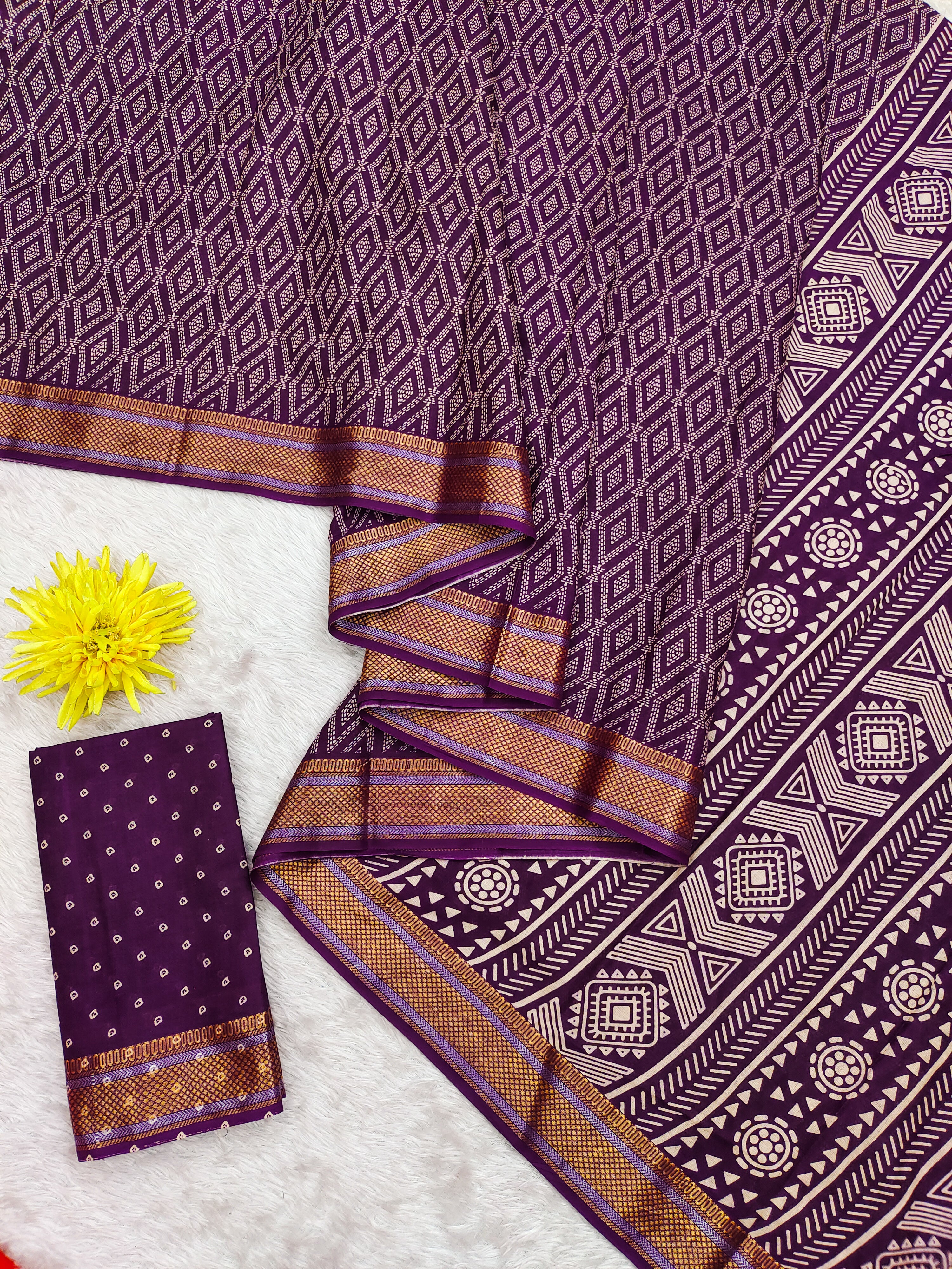 SELFI PRIMUM MULMUL COTTON WITH HEVY ZARI BORDAR BAGRU BANDHANI PRINTED PURPLE SAREE