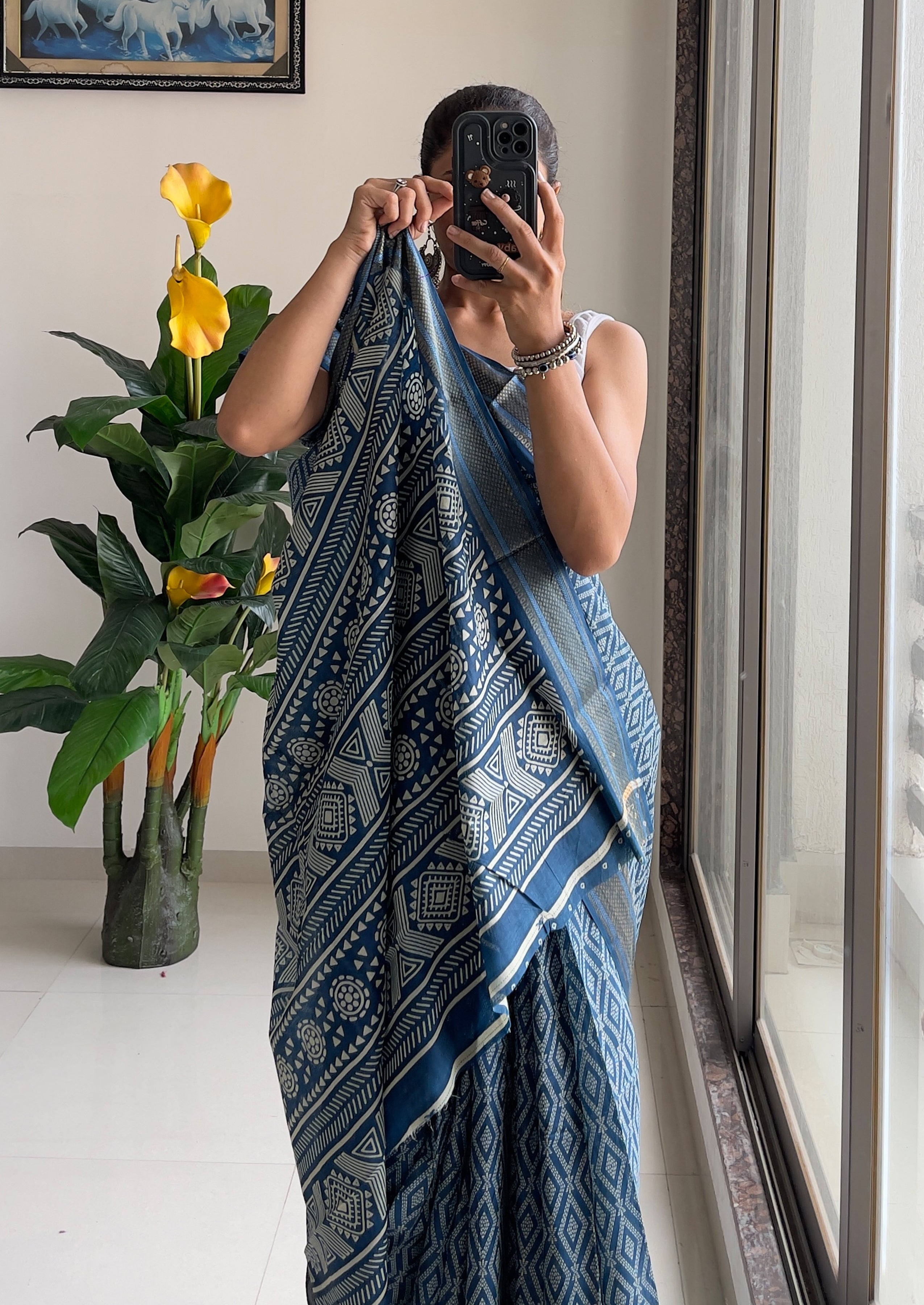 SELFI PRIMUM MULMUL COTTON WITH HEVY ZARI BORDAR BAGRU BANDHANI PRINTED TEAI BLUE SAREE
