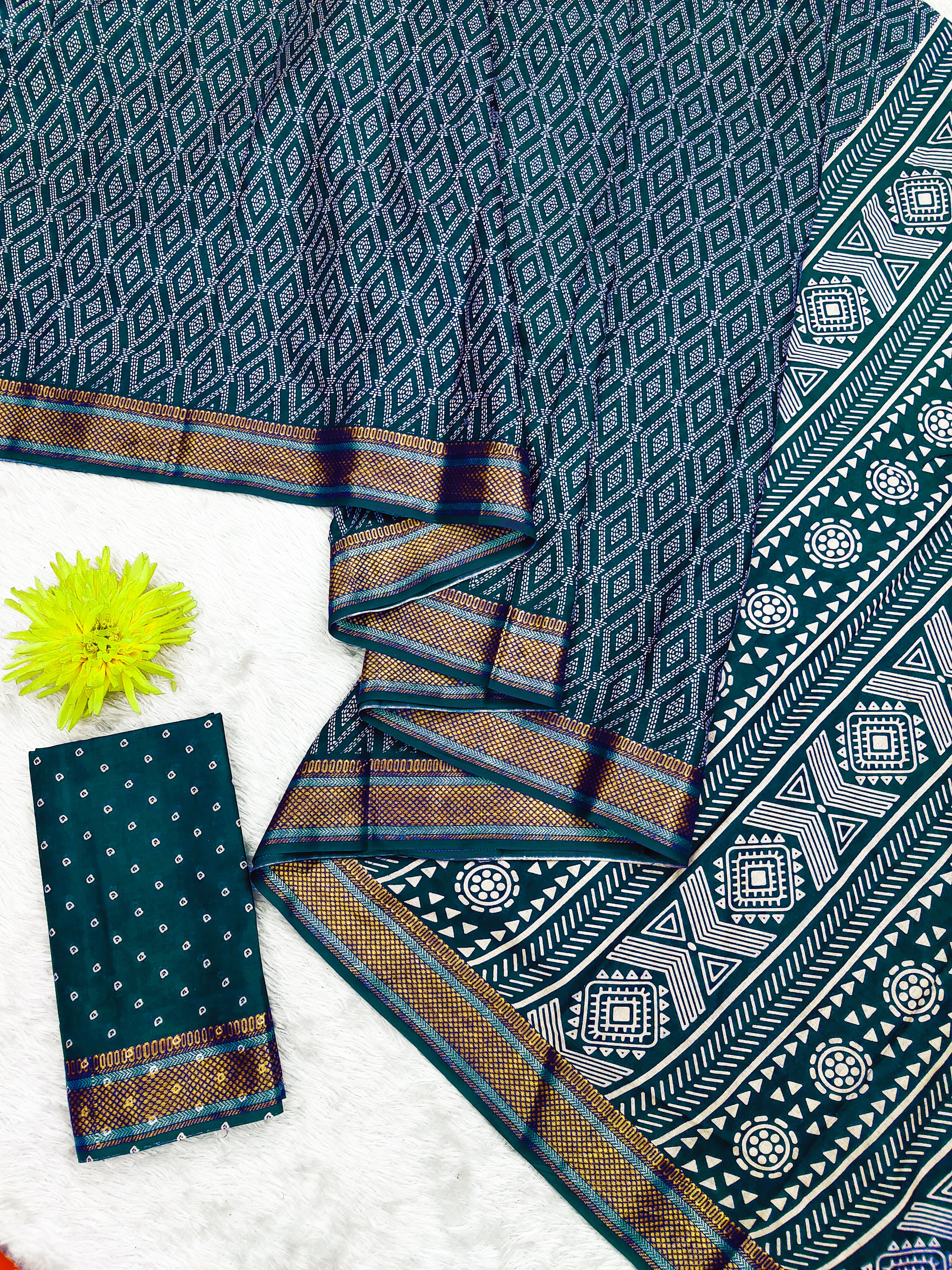 SELFI PRIMUM MULMUL COTTON WITH HEVY ZARI BORDAR BAGRU BANDHANI PRINTED TEAI BLUE SAREE