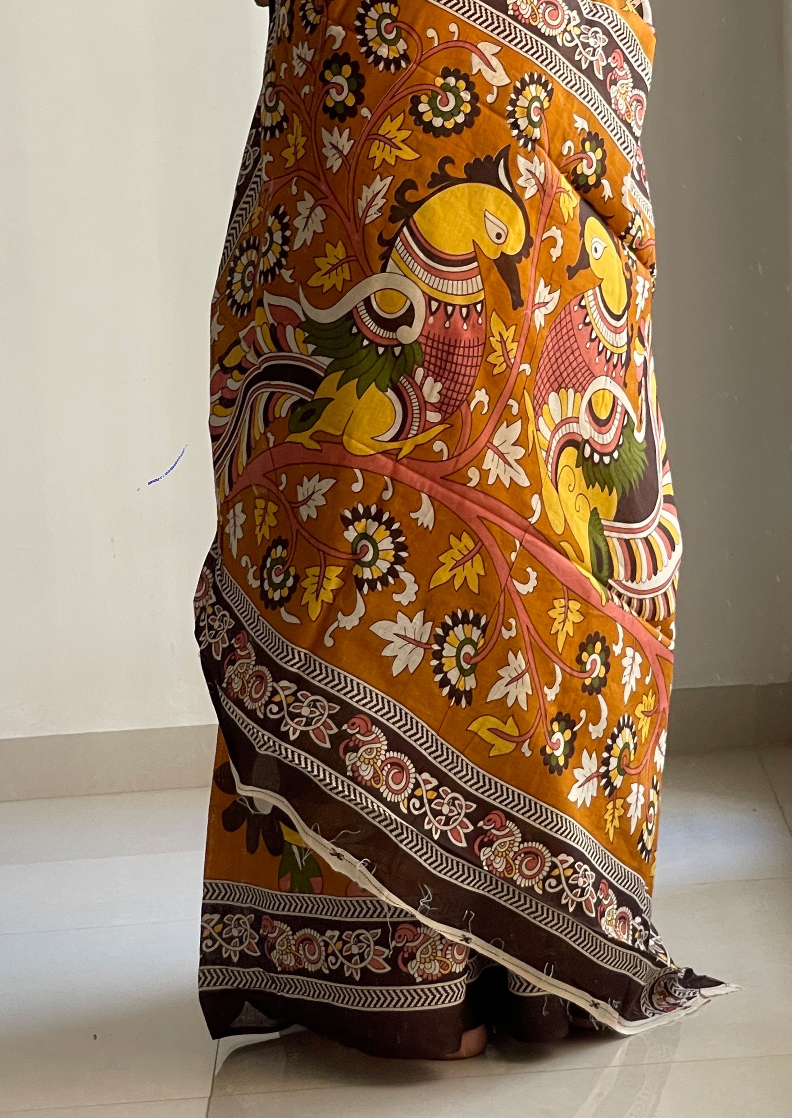 SELFI 20 PURE MUL COTTON TRADITIONAL KALMKARI HANDBLOCK PRINT MUSTARD SAREE