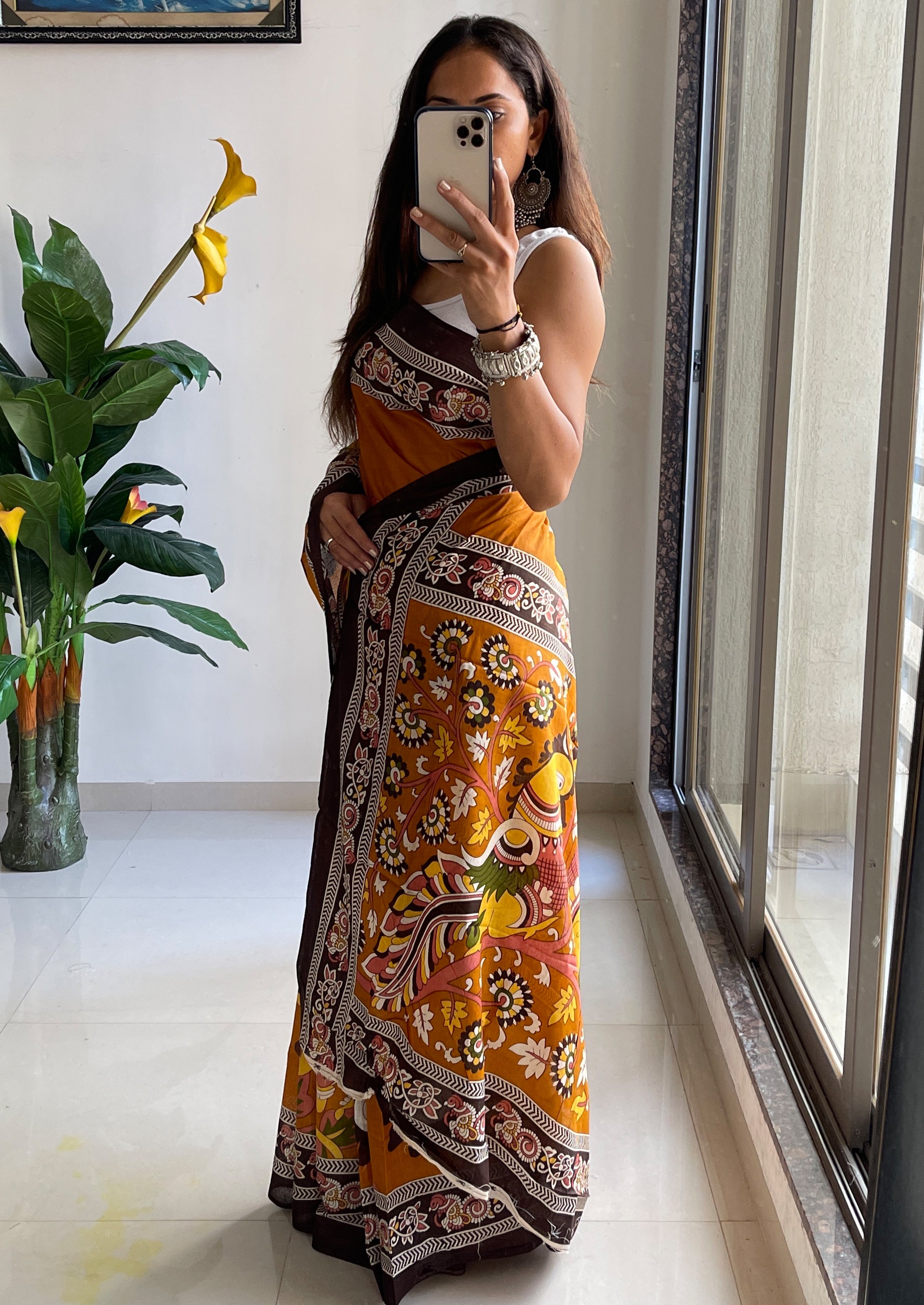 SELFI 20 PURE MUL COTTON TRADITIONAL KALMKARI HANDBLOCK PRINT MUSTARD SAREE