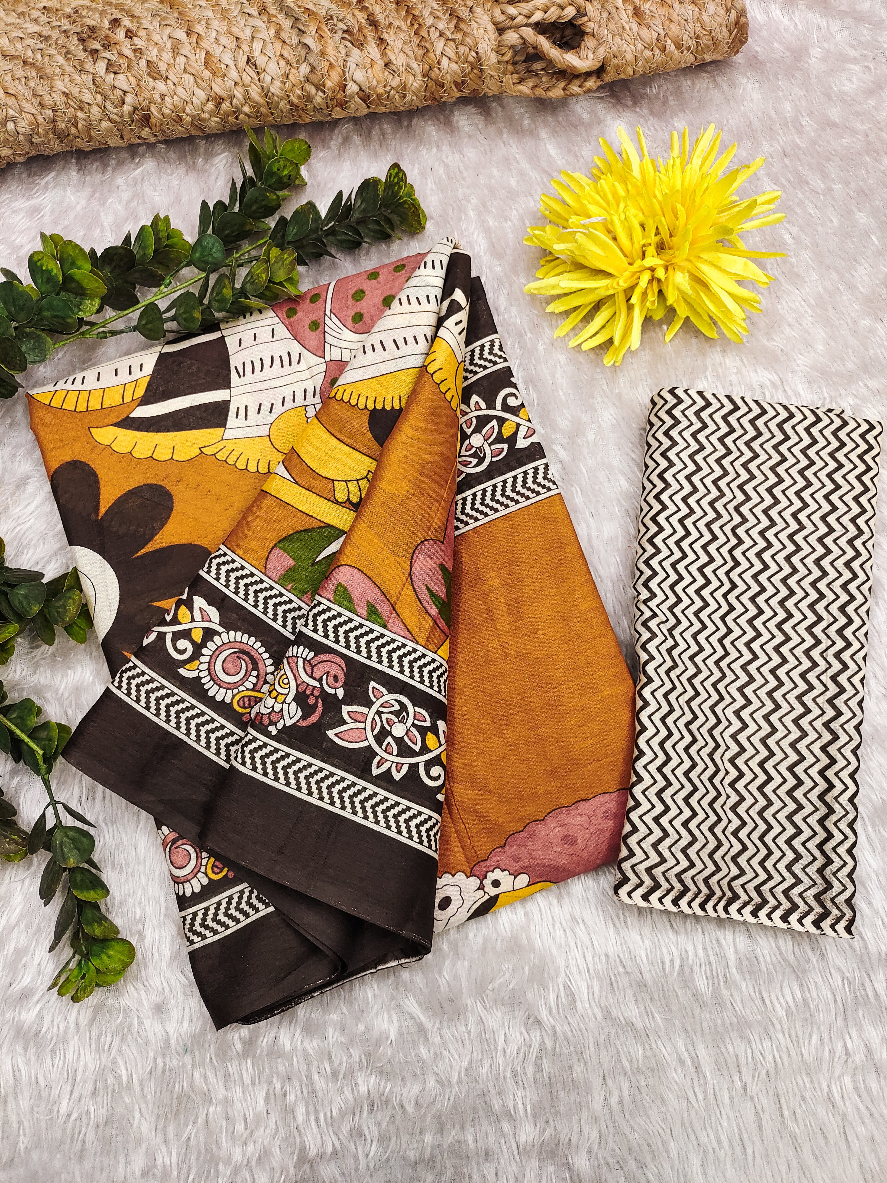 SELFI 20 PURE MUL COTTON TRADITIONAL KALMKARI HANDBLOCK PRINT MUSTARD SAREE