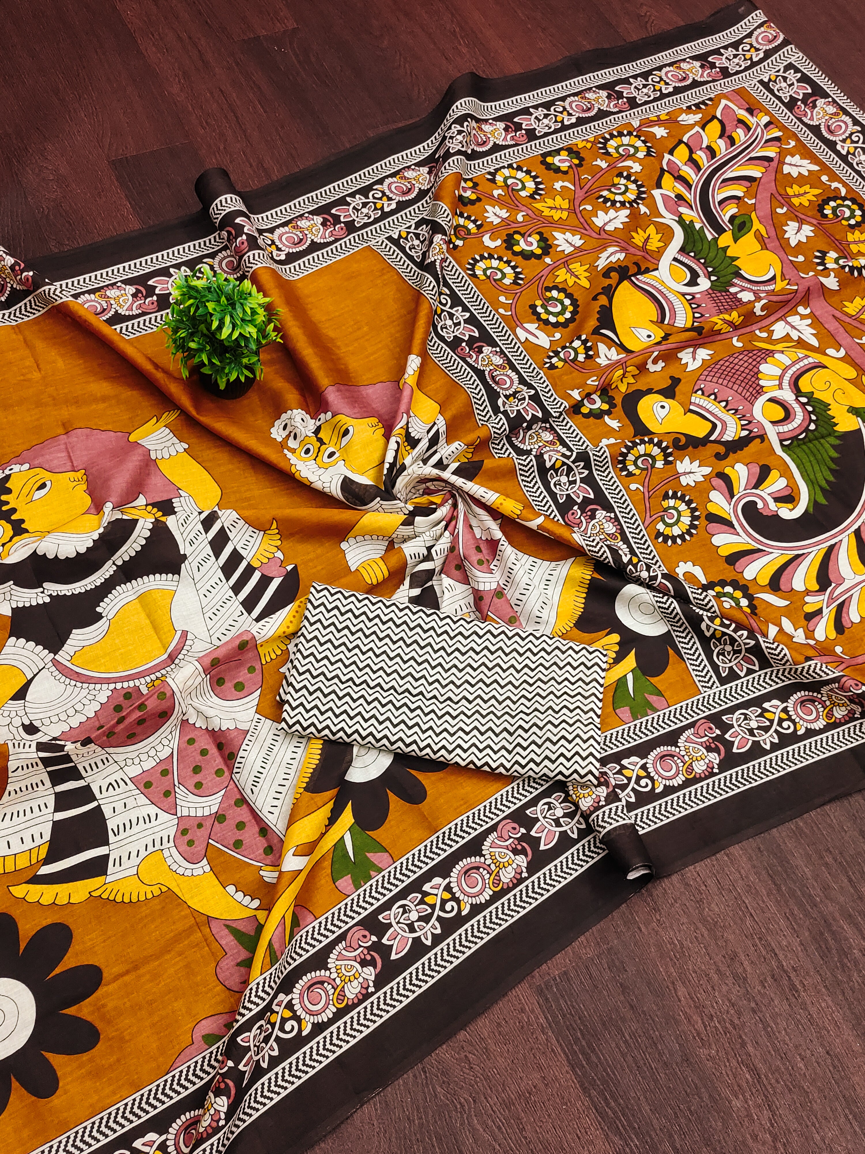 SELFI 20 PURE MUL COTTON TRADITIONAL KALMKARI HANDBLOCK PRINT MUSTARD SAREE