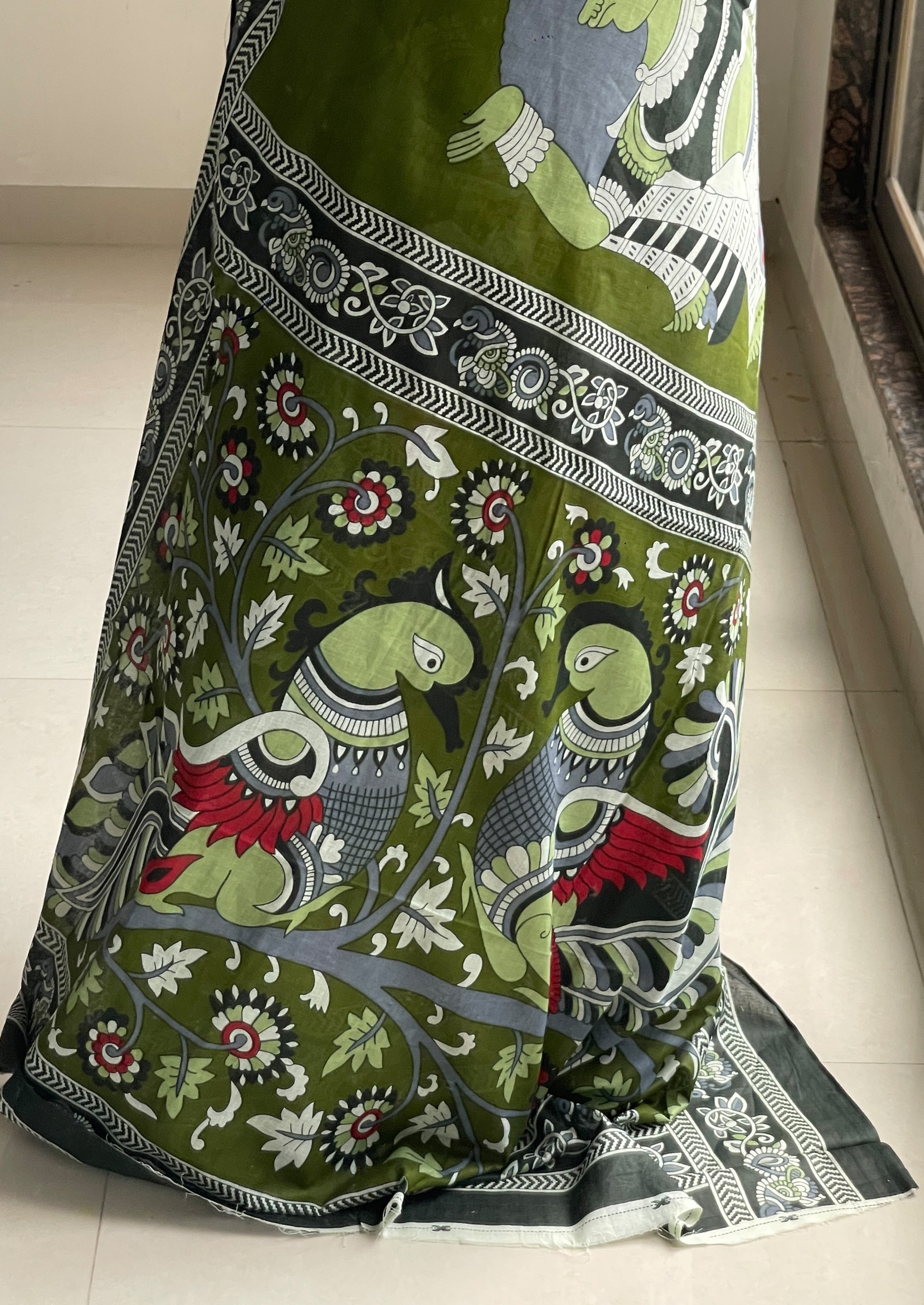 SELFI 20 PURE MUL COTTON TRADITIONAL KALMKARI HANDBLOCK PRINT OLIVE GREEN SAREE