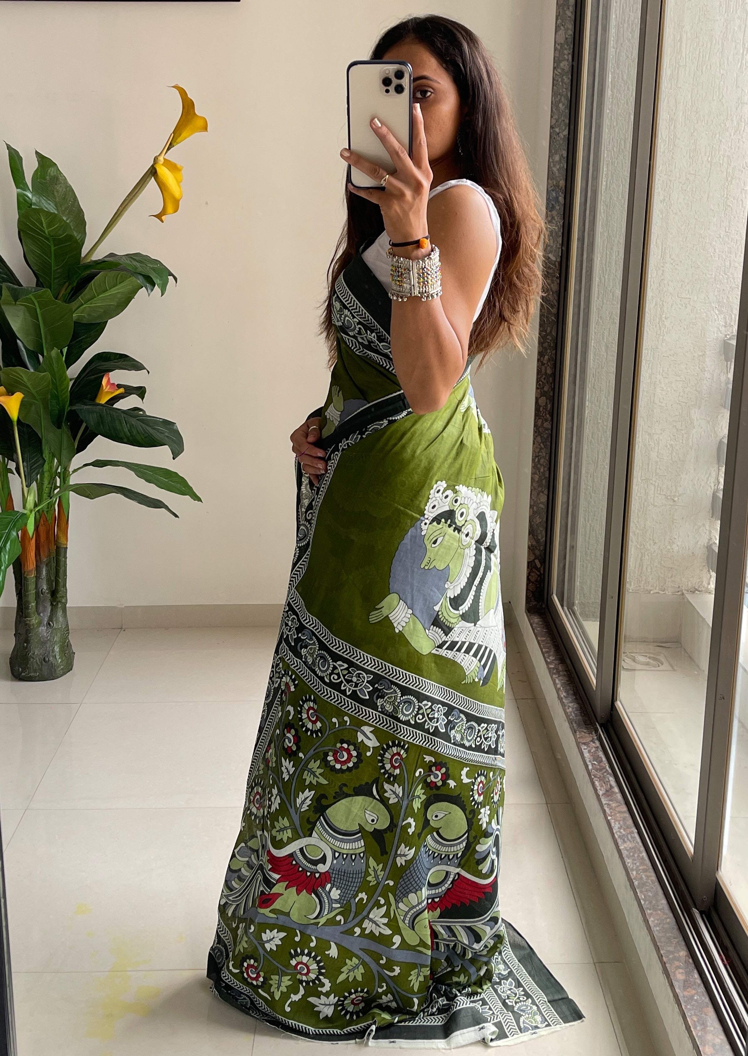 SELFI 20 PURE MUL COTTON TRADITIONAL KALMKARI HANDBLOCK PRINT OLIVE GREEN SAREE
