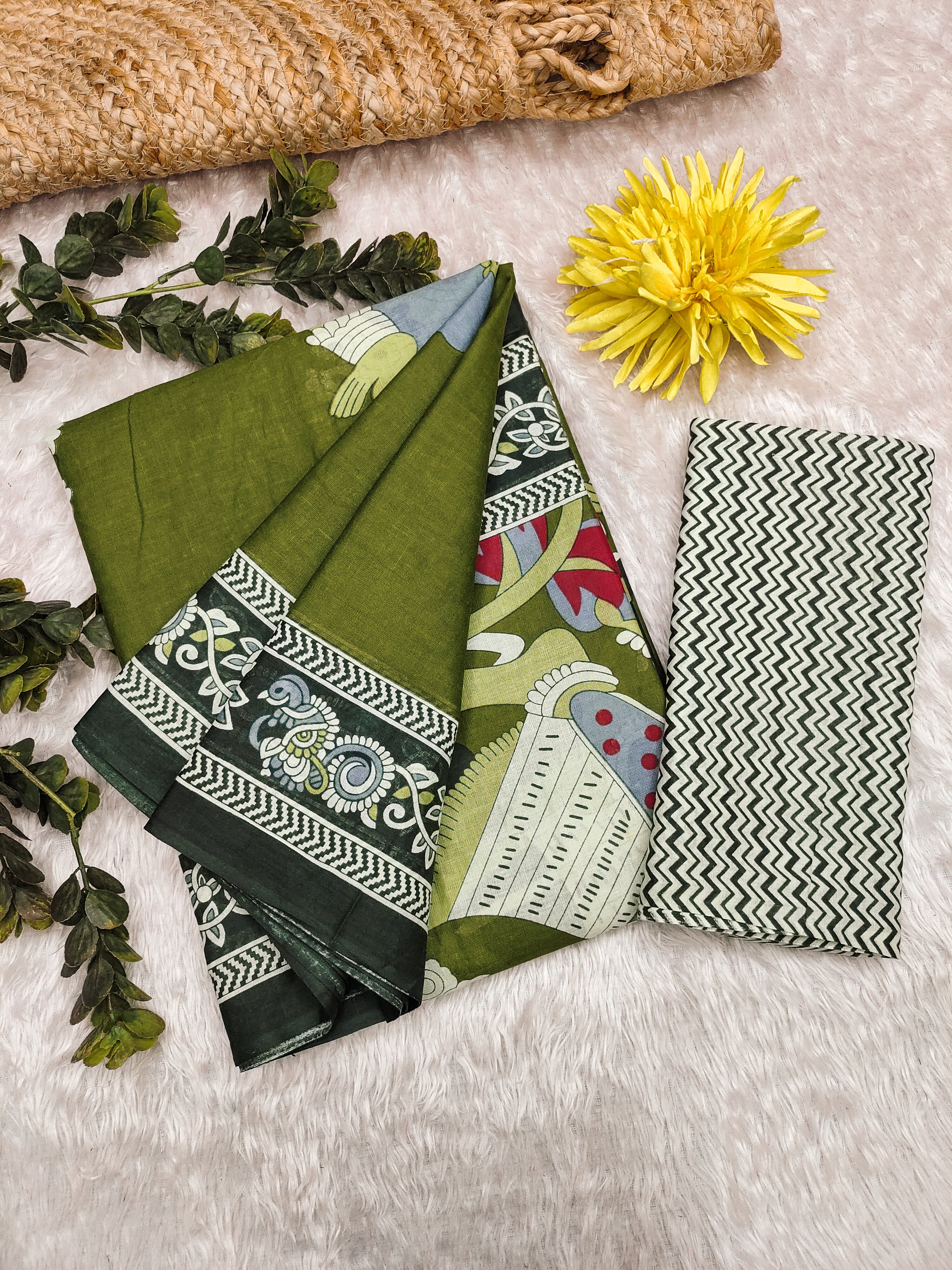 SELFI 20 PURE MUL COTTON TRADITIONAL KALMKARI HANDBLOCK PRINT OLIVE GREEN SAREE