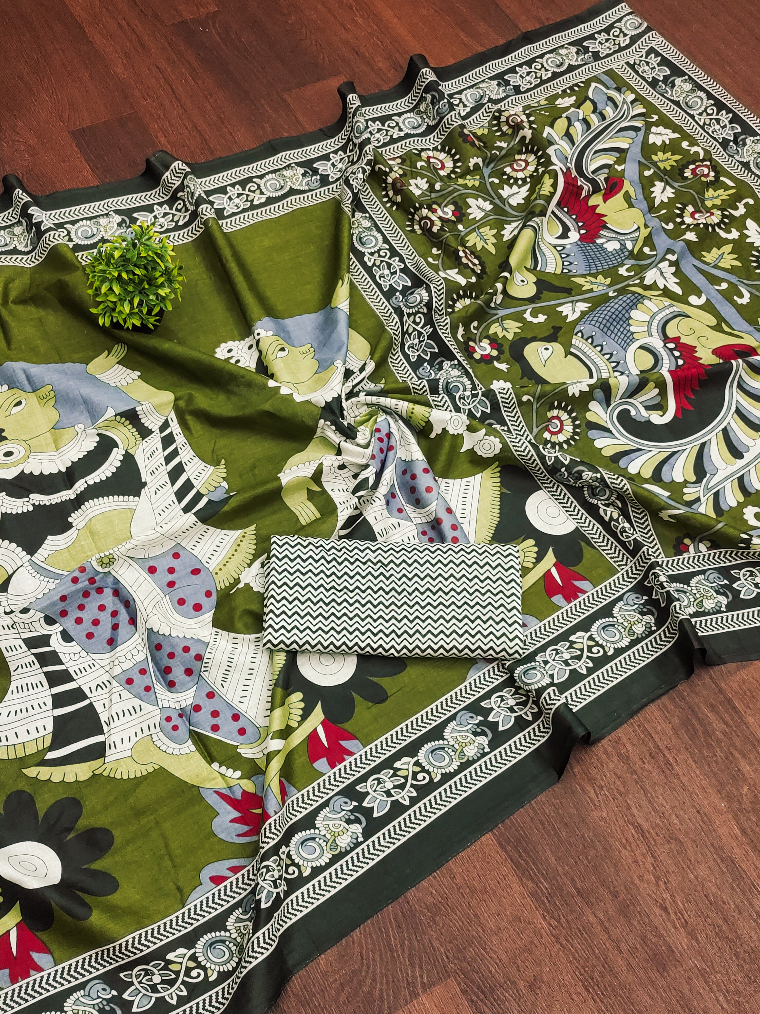 SELFI 20 PURE MUL COTTON TRADITIONAL KALMKARI HANDBLOCK PRINT OLIVE GREEN SAREE