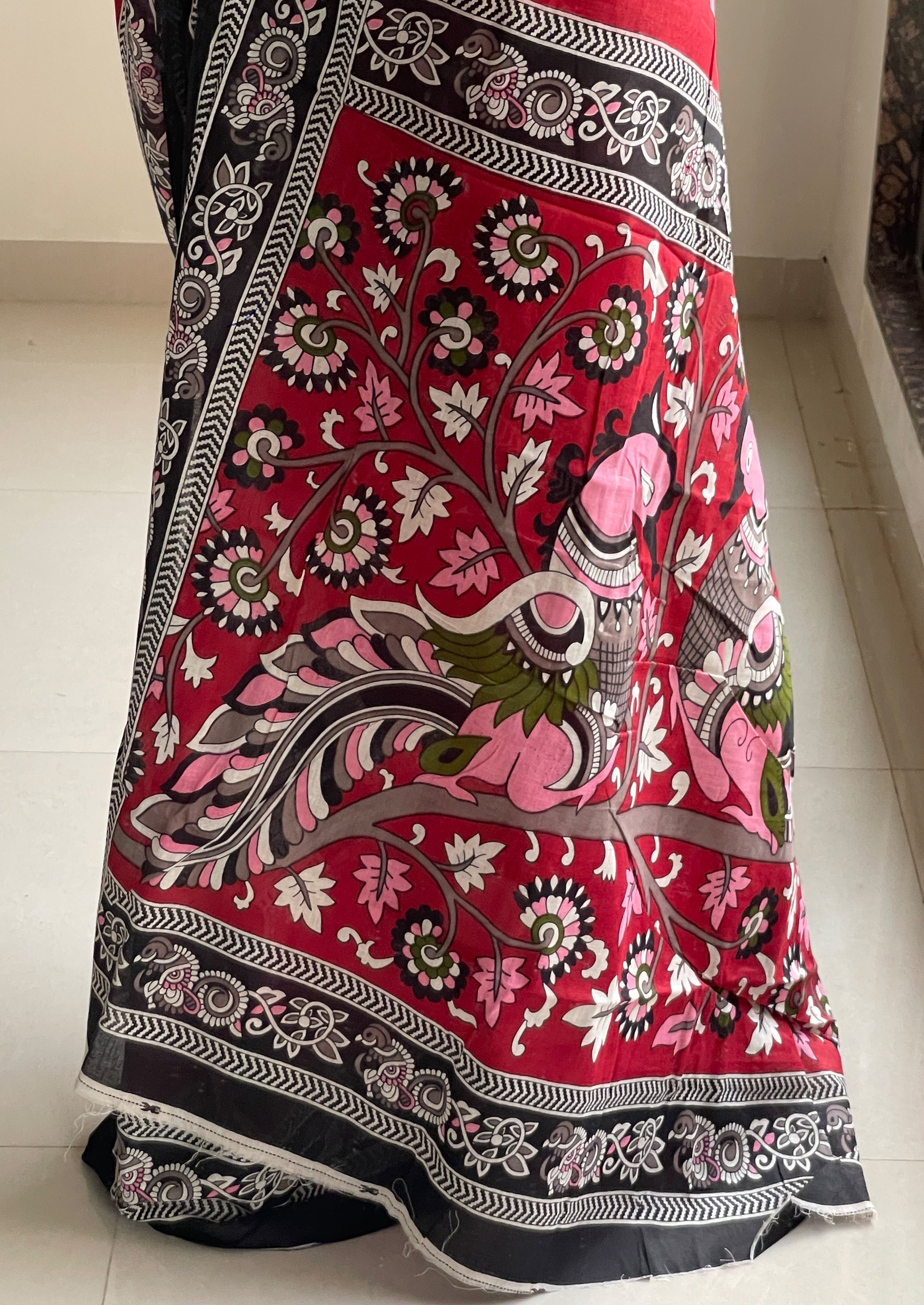 SELFI 20 PURE MUL COTTON TRADITIONAL KALMKARI HANDBLOCK PRINT RED SAREE