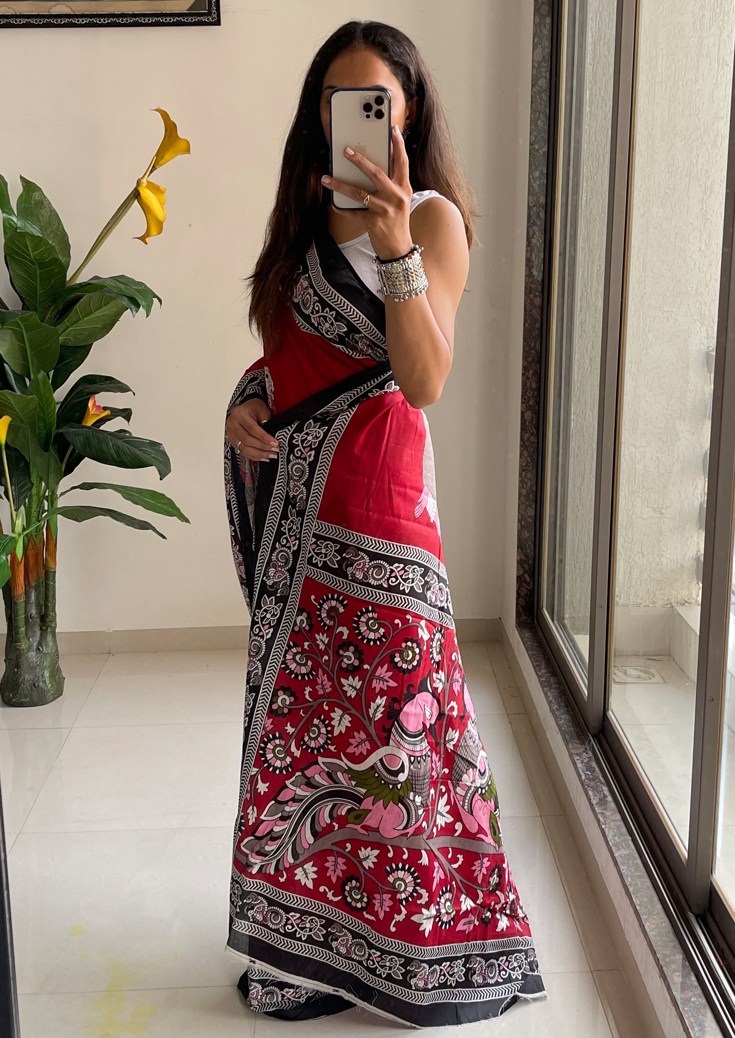 SELFI 20 PURE MUL COTTON TRADITIONAL KALMKARI HANDBLOCK PRINT RED SAREE