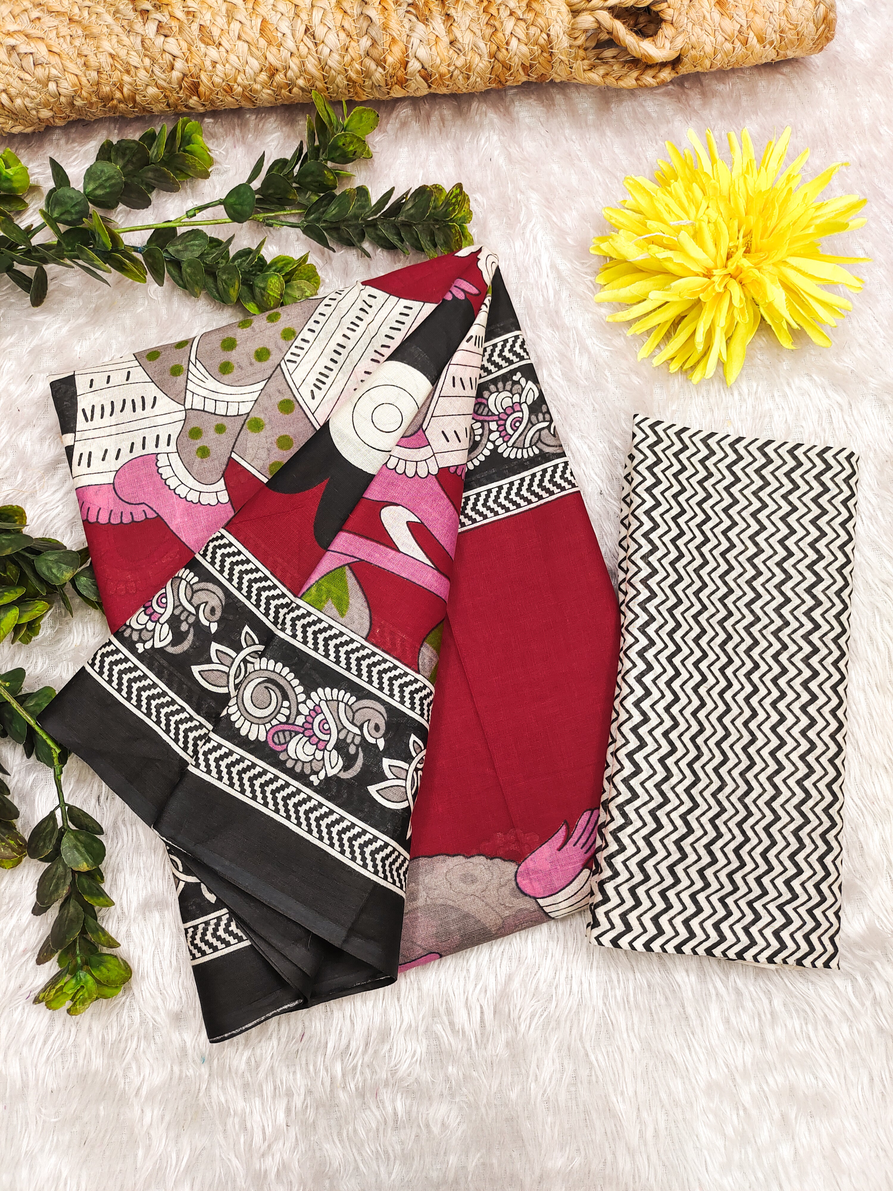 SELFI 20 PURE MUL COTTON TRADITIONAL KALMKARI HANDBLOCK PRINT RED SAREE