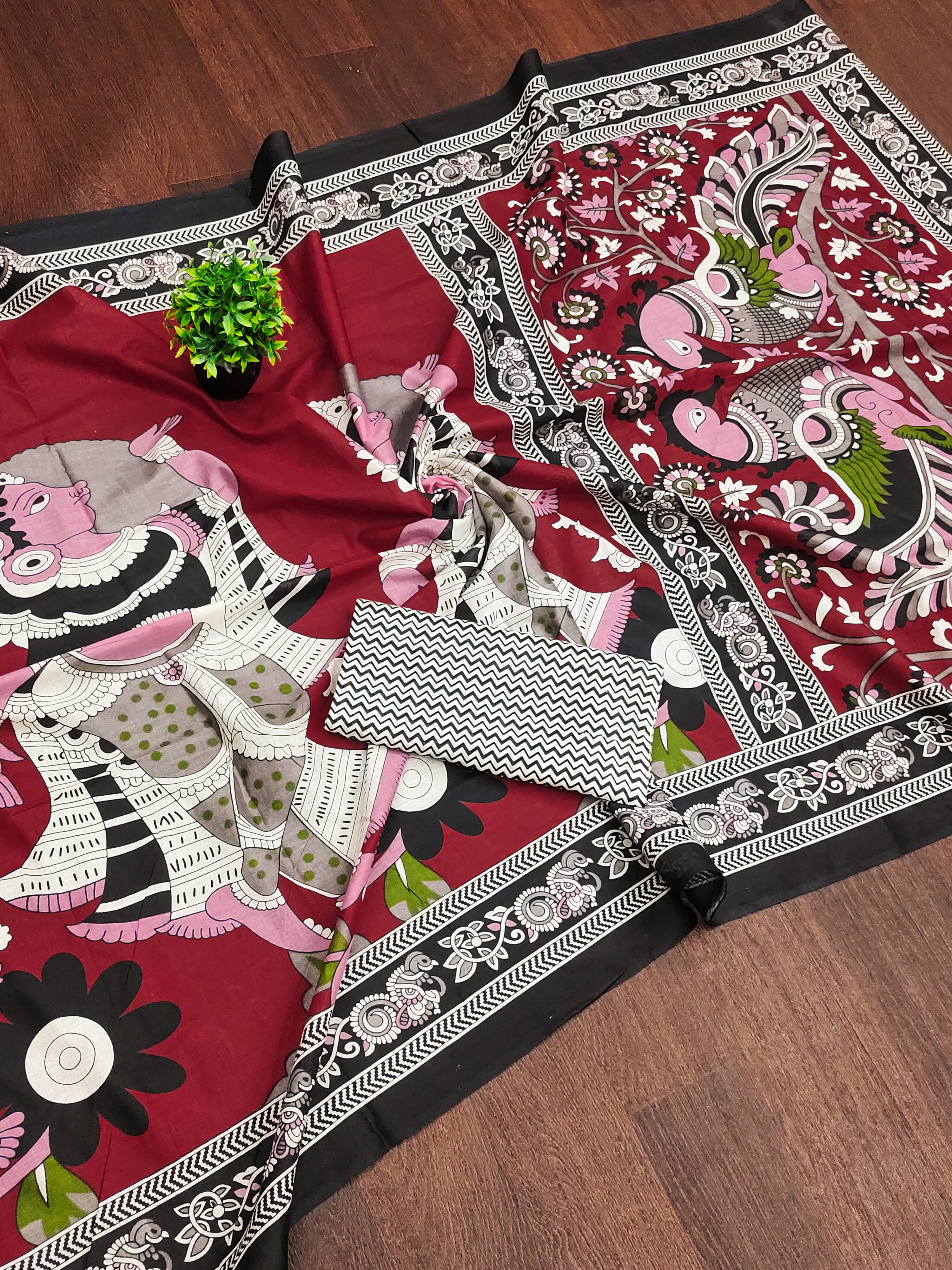 SELFI 20 PURE MUL COTTON TRADITIONAL KALMKARI HANDBLOCK PRINT RED SAREE