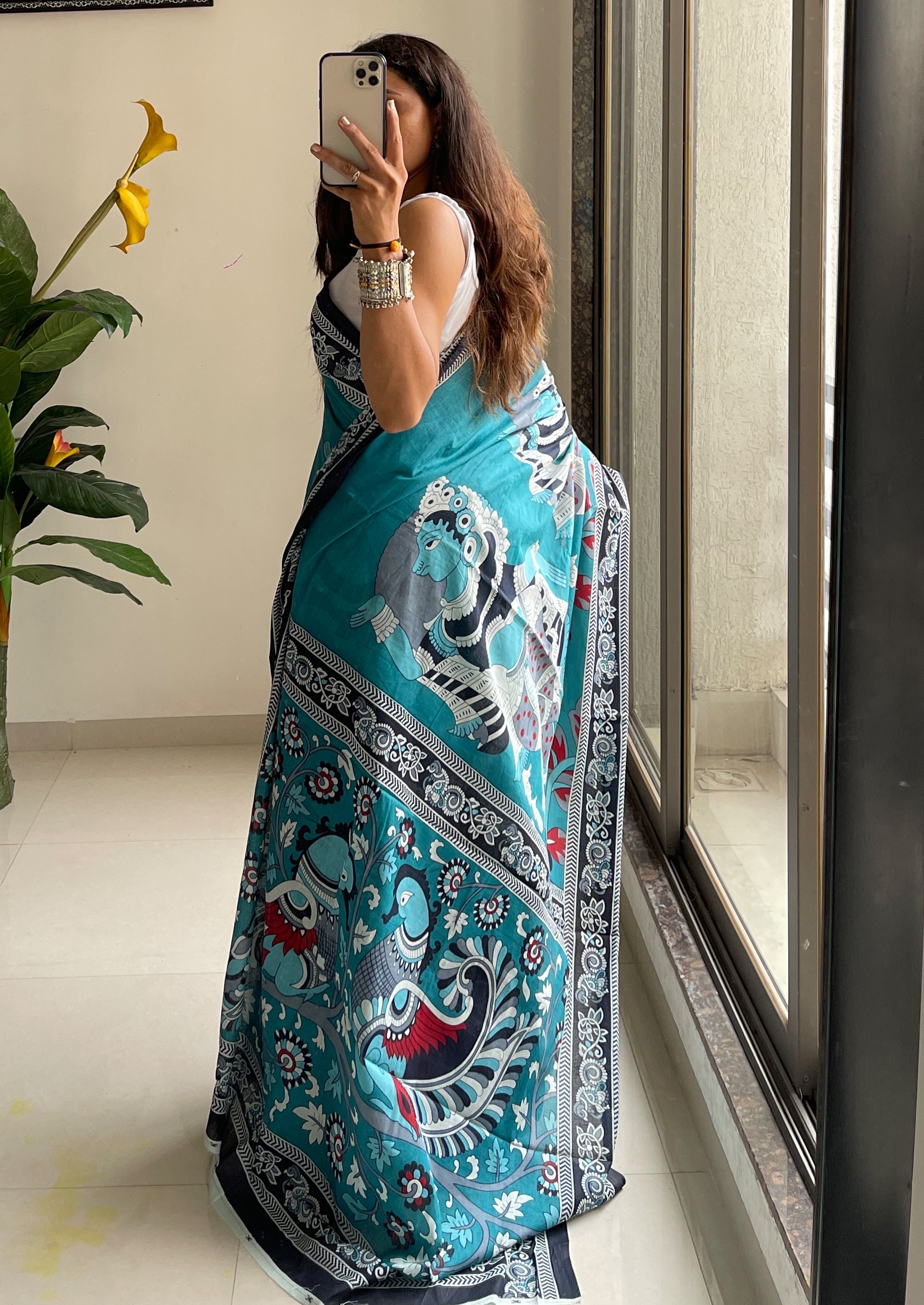 SELFI 20 PURE MUL COTTON TRADITIONAL KALMKARI HANDBLOCK PRINT TEAL SAREE