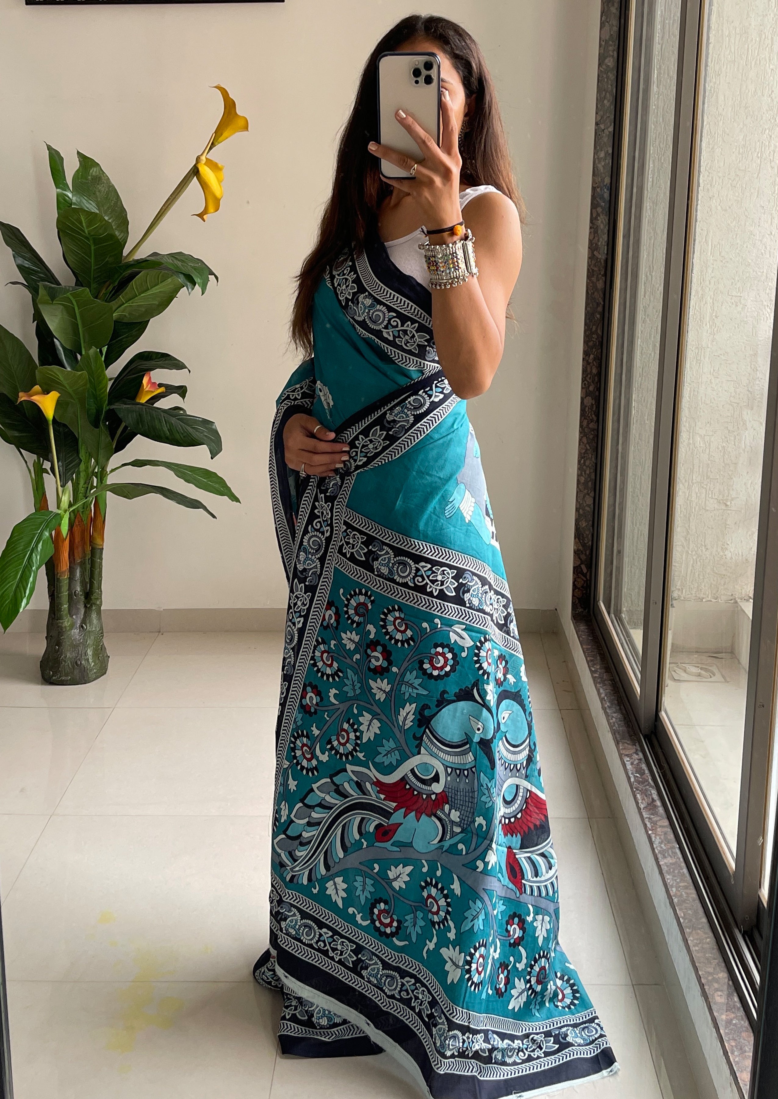 SELFI 20 PURE MUL COTTON TRADITIONAL KALMKARI HANDBLOCK PRINT TEAL SAREE