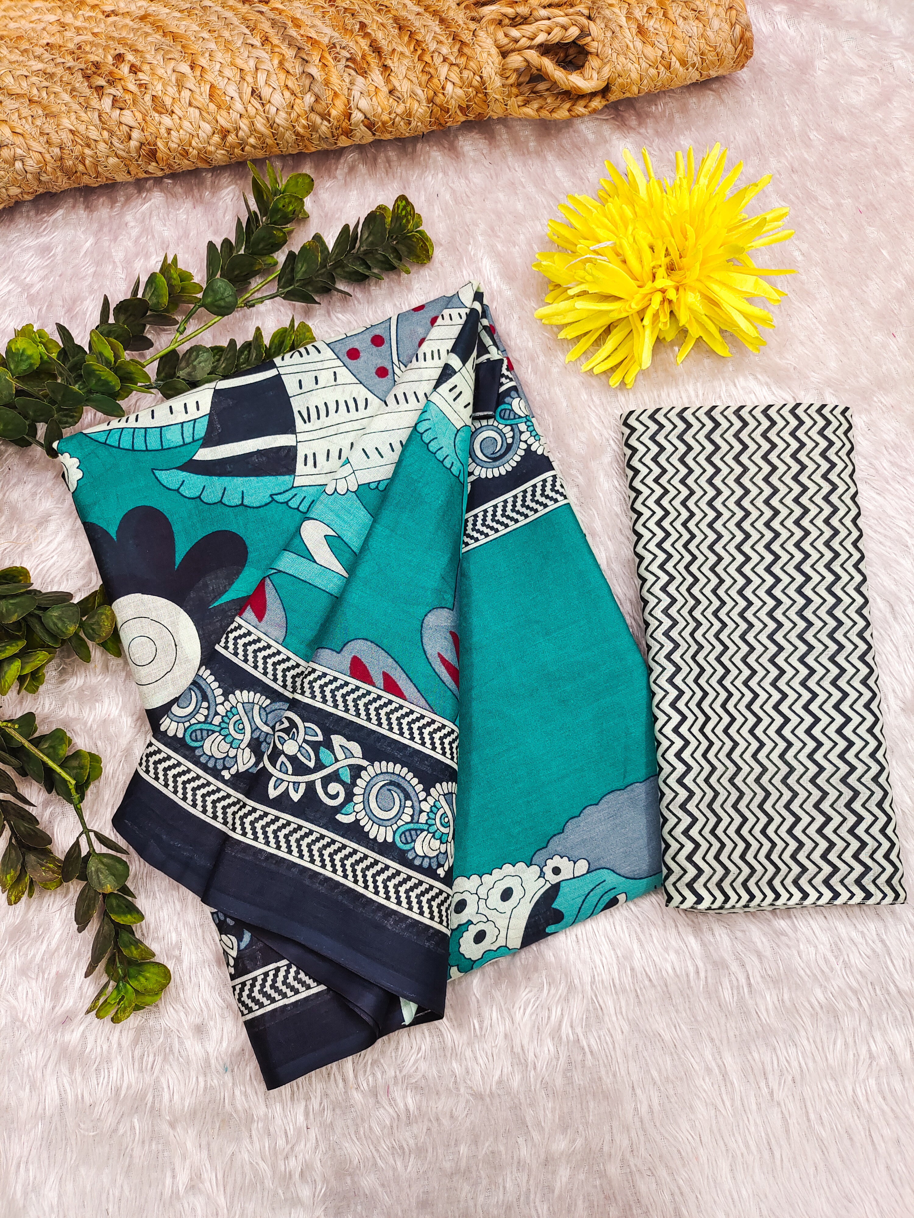 SELFI 20 PURE MUL COTTON TRADITIONAL KALMKARI HANDBLOCK PRINT TEAL SAREE