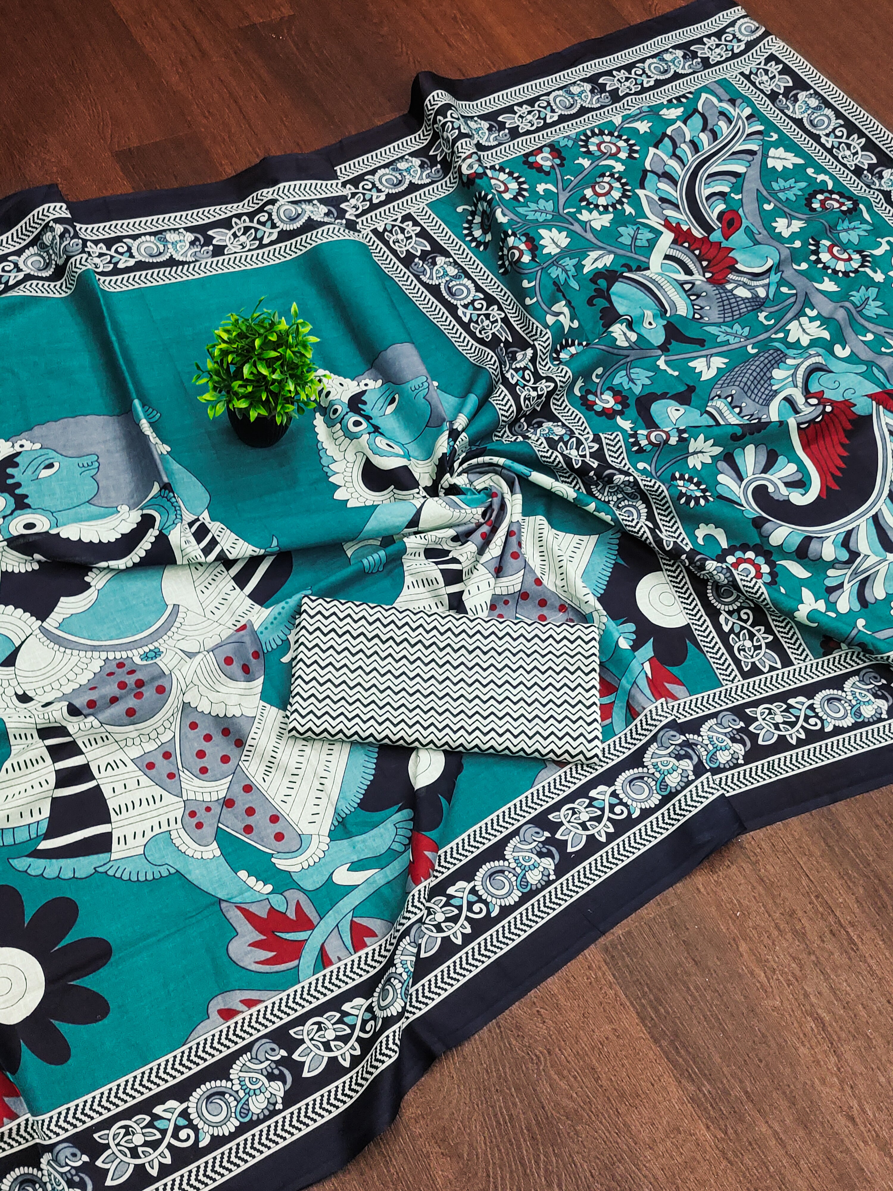 SELFI 20 PURE MUL COTTON TRADITIONAL KALMKARI HANDBLOCK PRINT TEAL SAREE