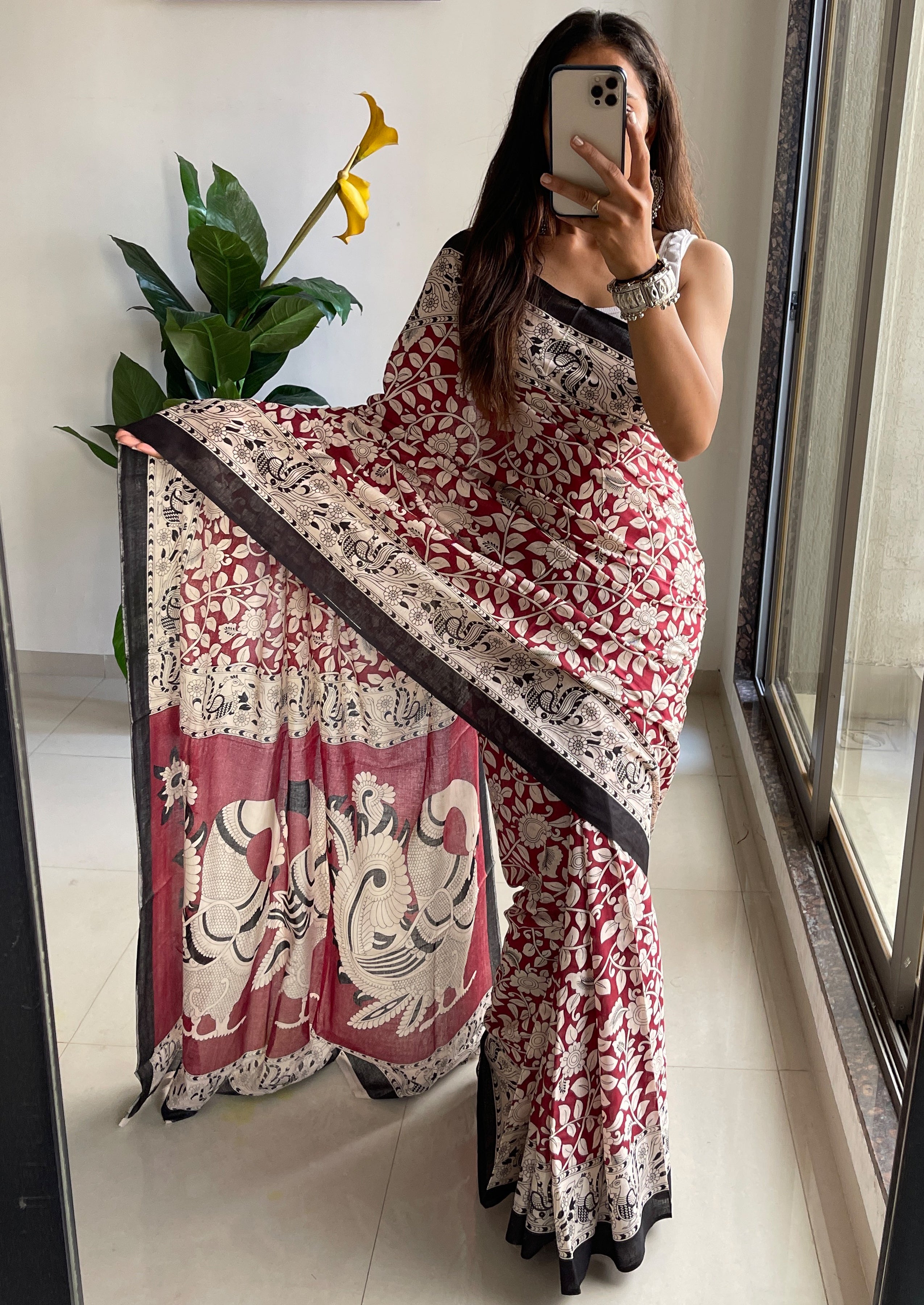SELFI 21 PURE MUL COTTON TRADITIONAL KALMKARI HANDBLOCK PRINT MAROON SAREE