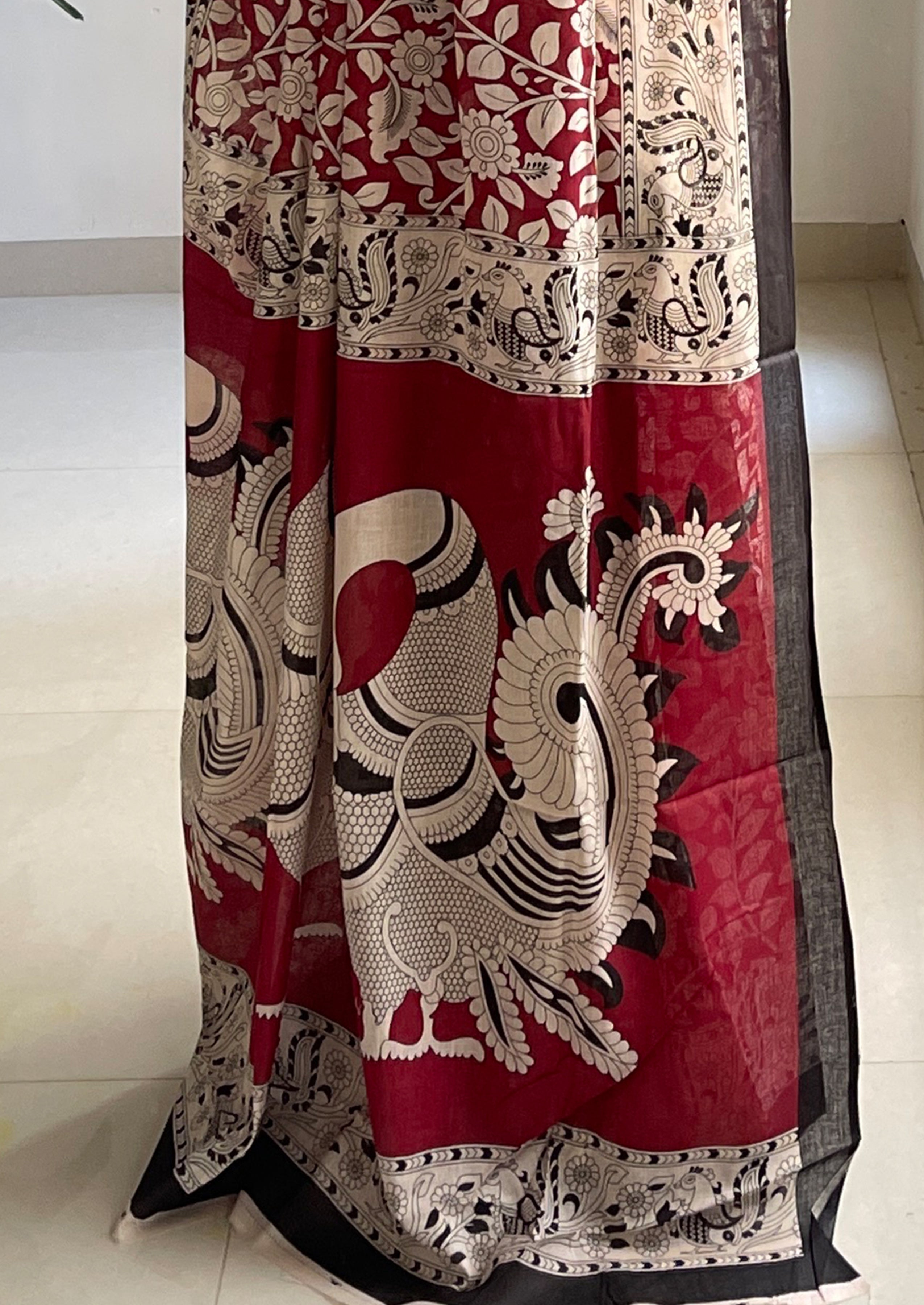 SELFI 21 PURE MUL COTTON TRADITIONAL KALMKARI HANDBLOCK PRINT MAROON SAREE