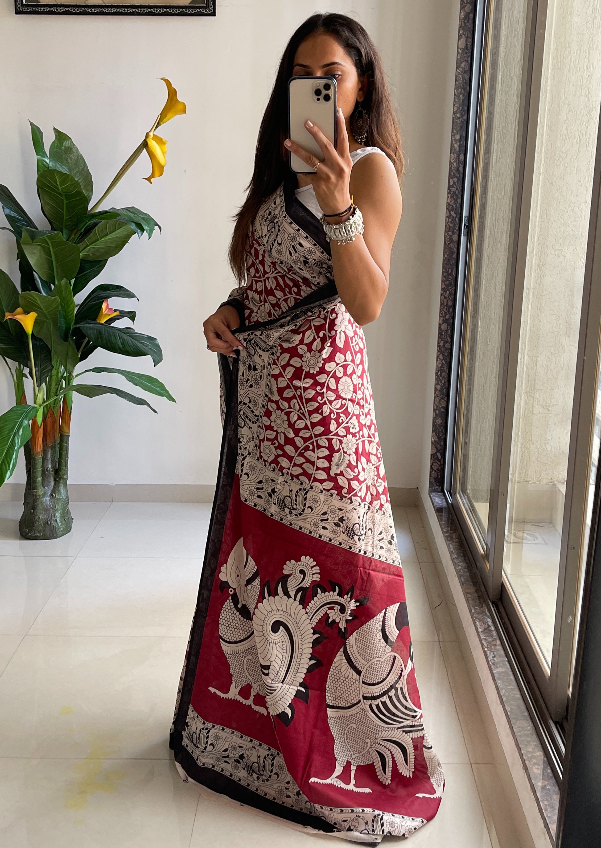 SELFI 21 PURE MUL COTTON TRADITIONAL KALMKARI HANDBLOCK PRINT MAROON SAREE