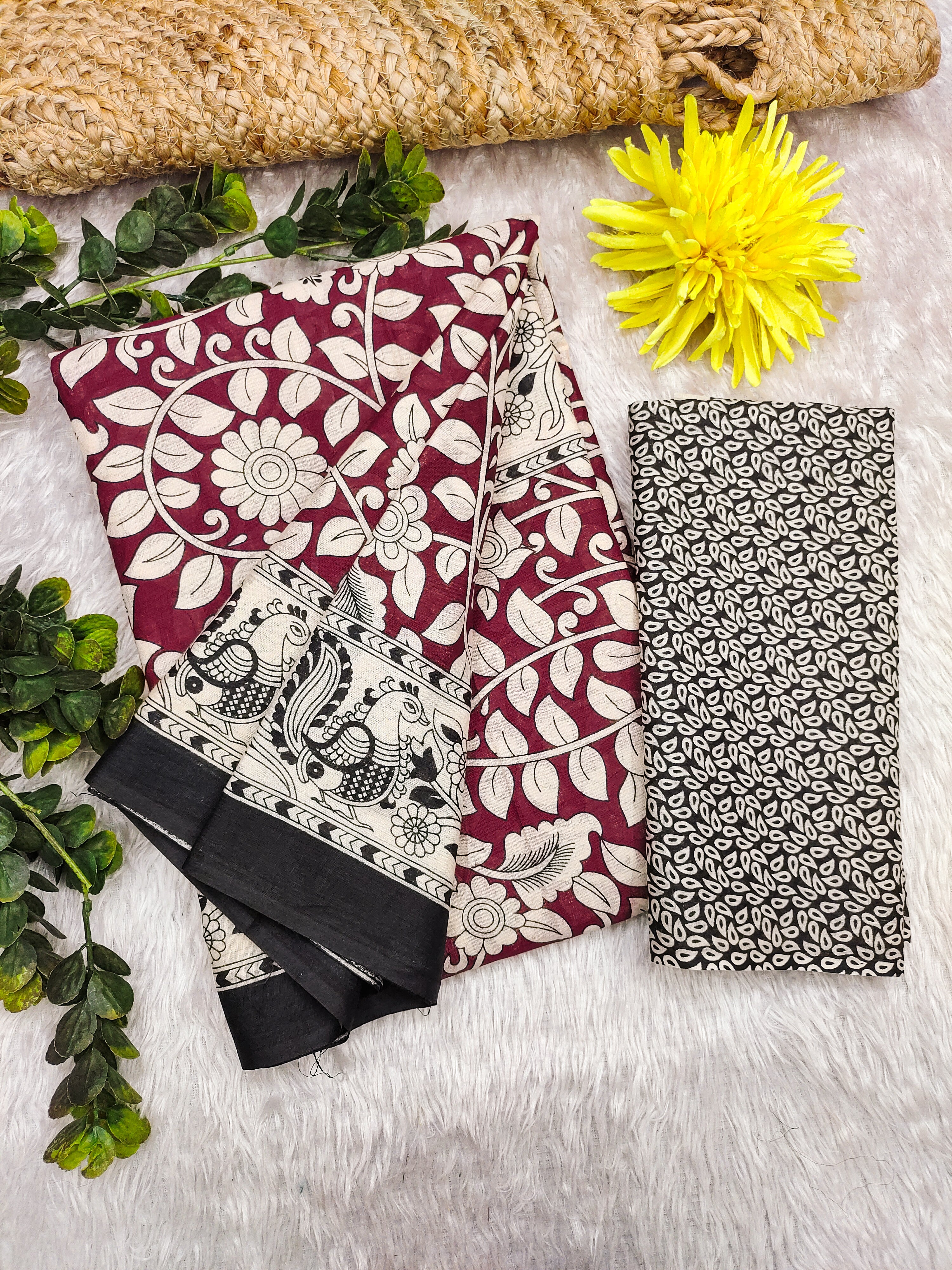 SELFI 21 PURE MUL COTTON TRADITIONAL KALMKARI HANDBLOCK PRINT MAROON SAREE