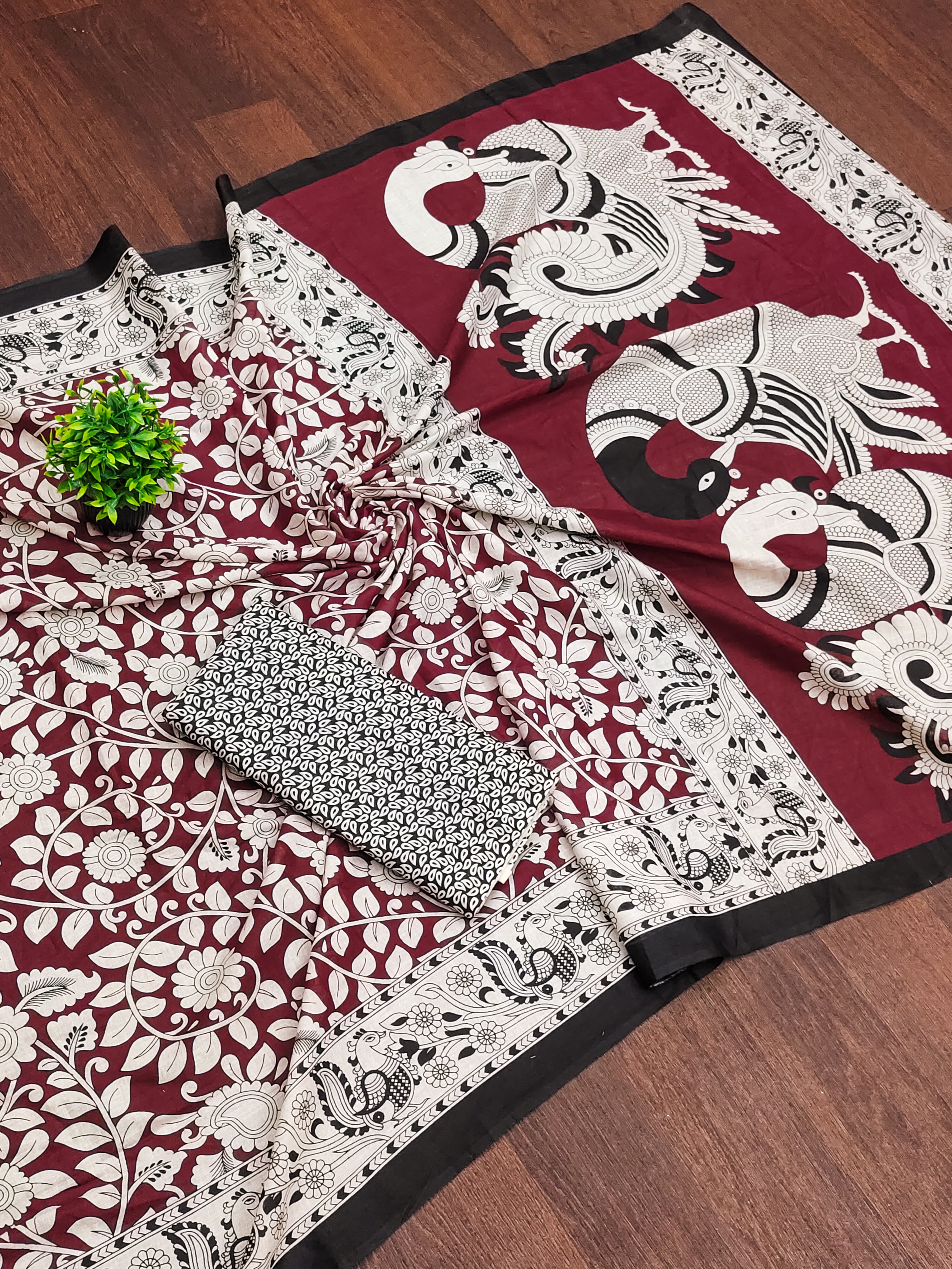 SELFI 21 PURE MUL COTTON TRADITIONAL KALMKARI HANDBLOCK PRINT MAROON SAREE