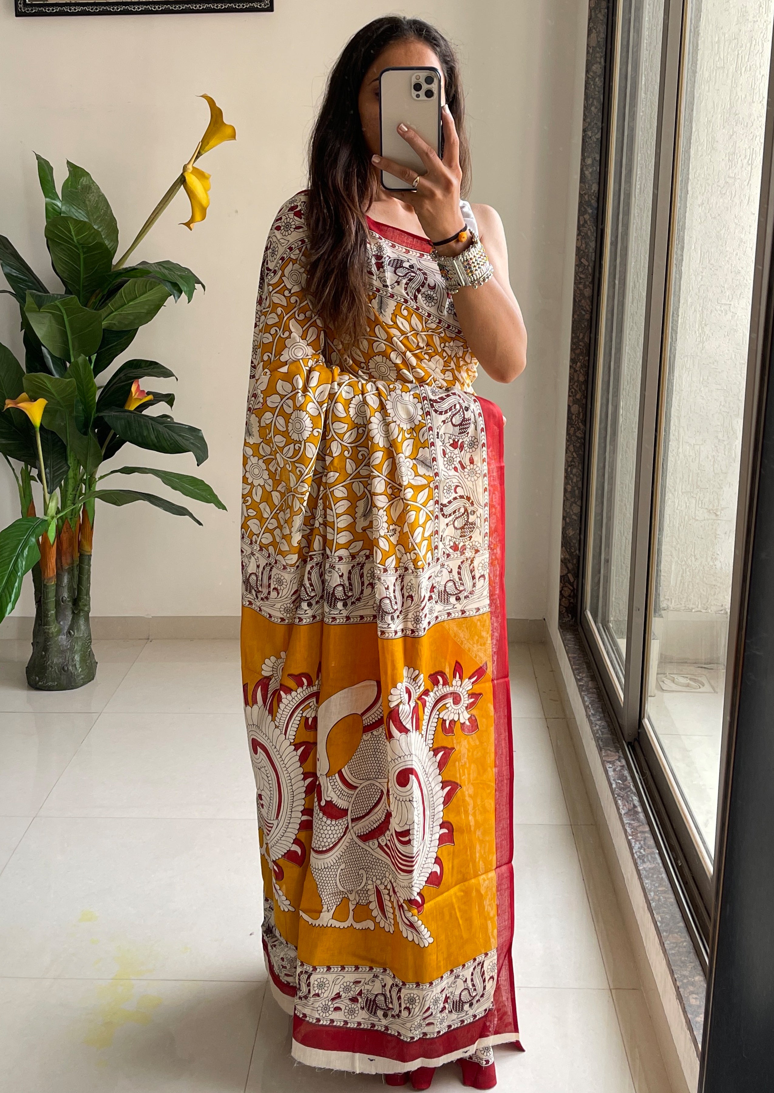 SELFI 21 PURE MUL COTTON TRADITIONAL KALMKARI HANDBLOCK PRINT MUSTARD SAREE