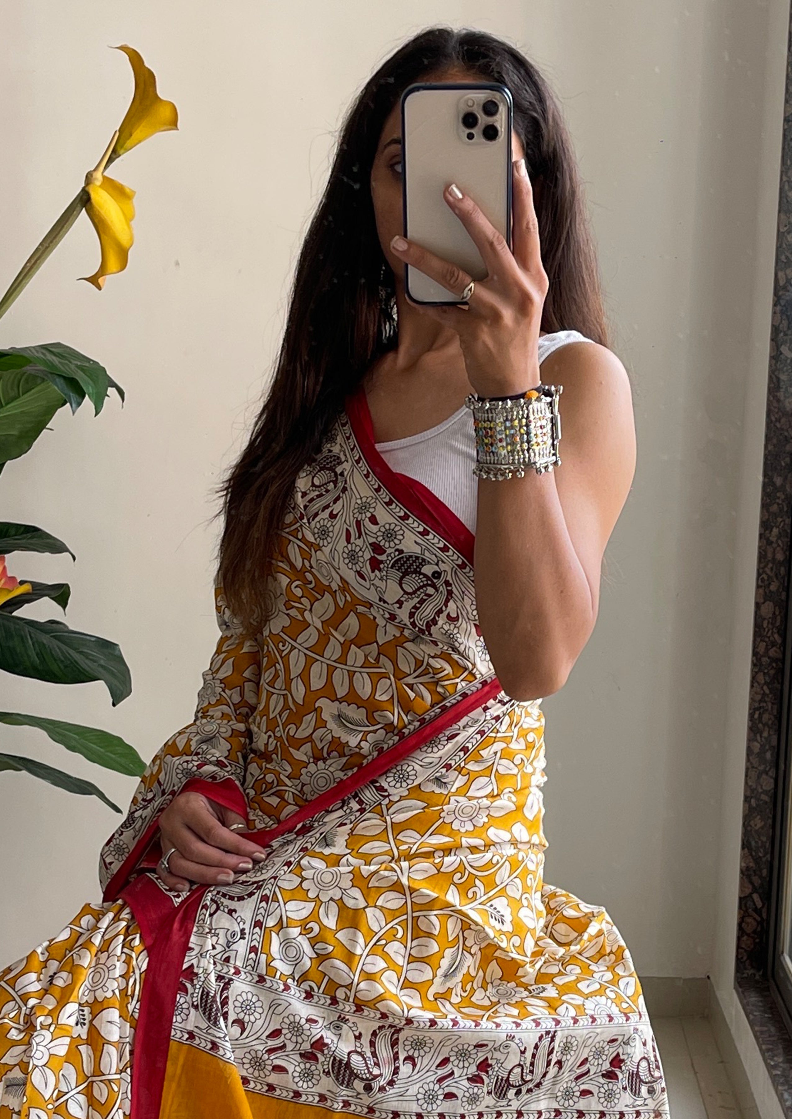 SELFI 21 PURE MUL COTTON TRADITIONAL KALMKARI HANDBLOCK PRINT MUSTARD SAREE