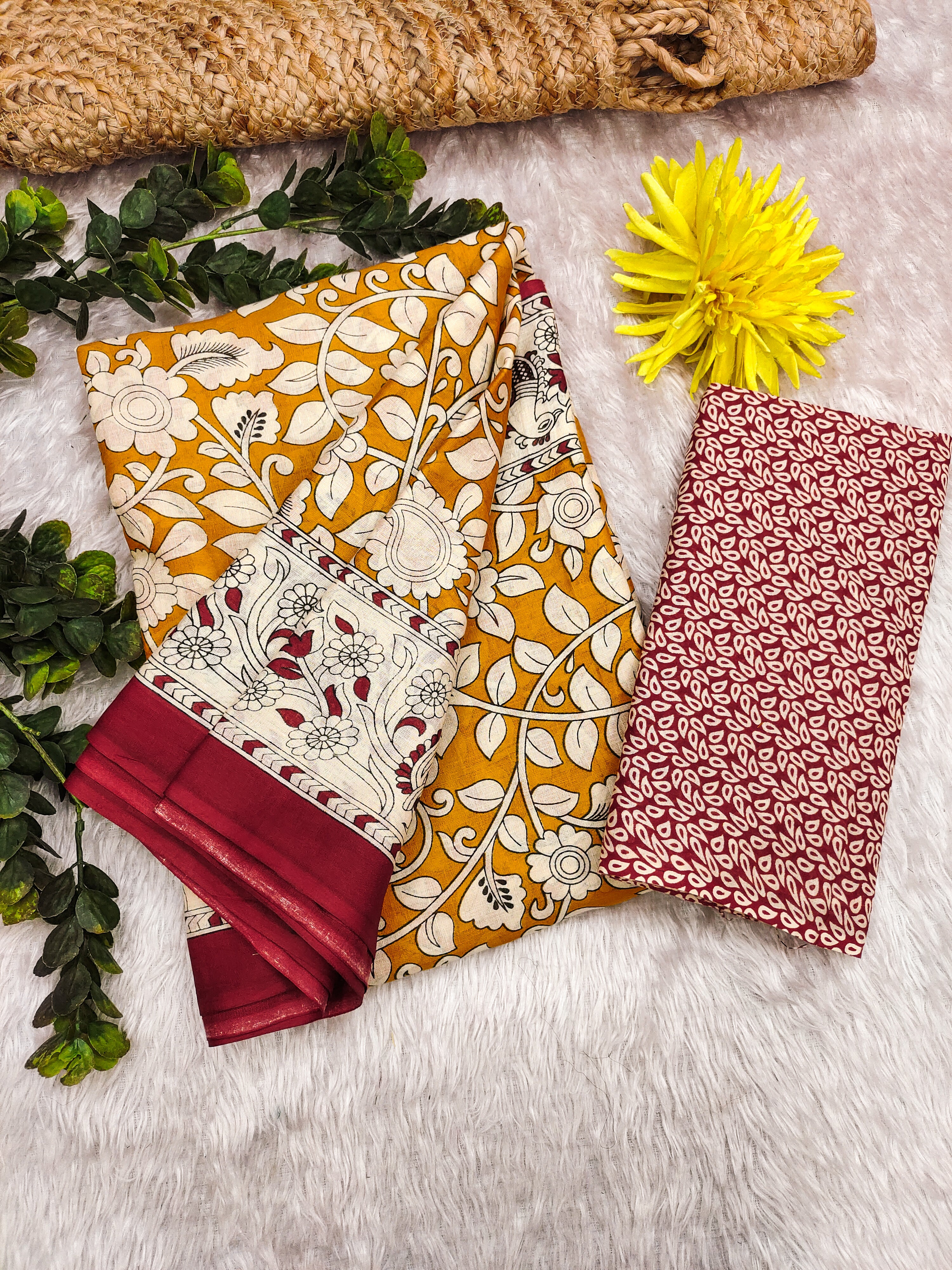 SELFI 21 PURE MUL COTTON TRADITIONAL KALMKARI HANDBLOCK PRINT MUSTARD SAREE