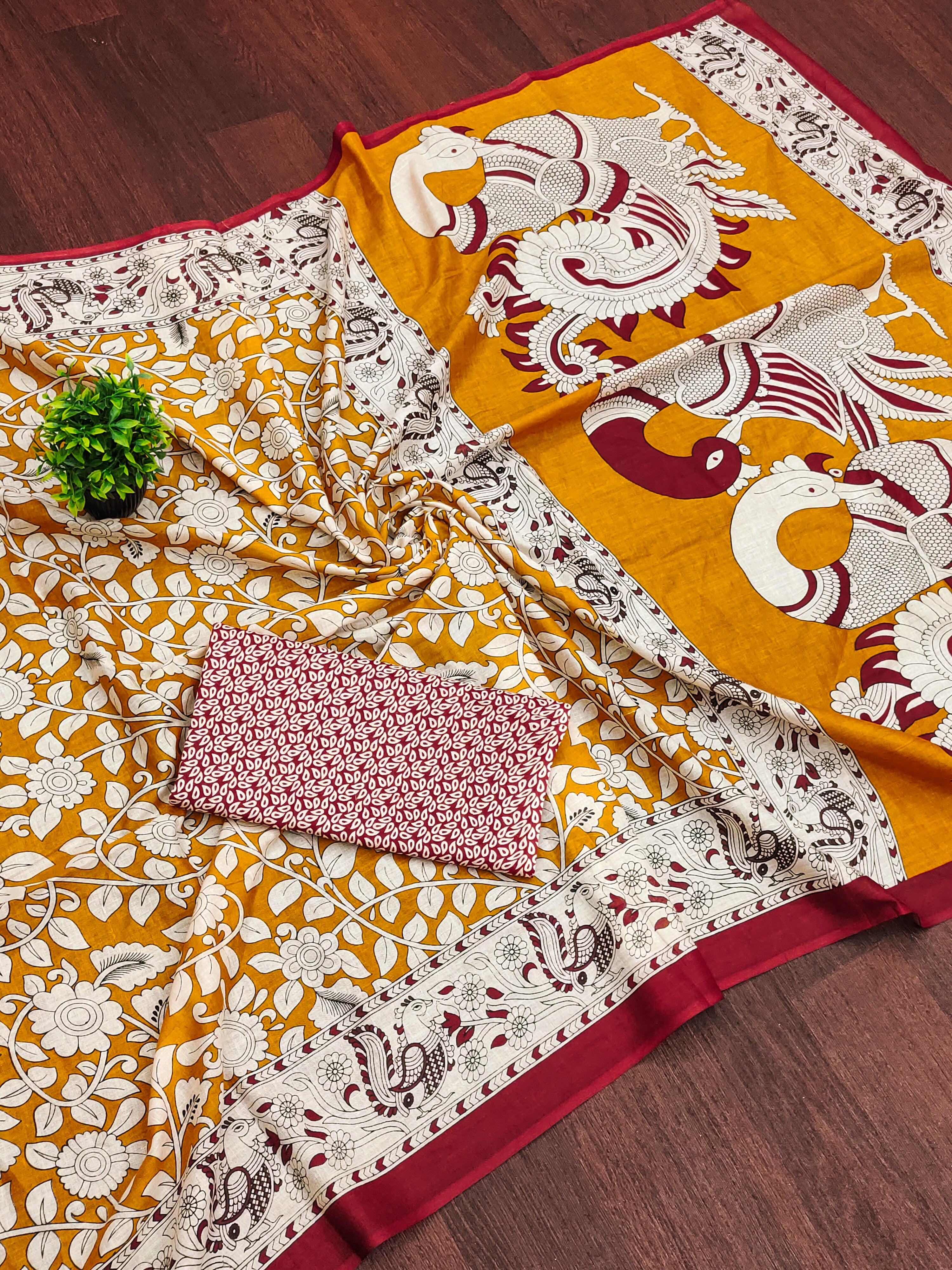 SELFI 21 PURE MUL COTTON TRADITIONAL KALMKARI HANDBLOCK PRINT MUSTARD SAREE