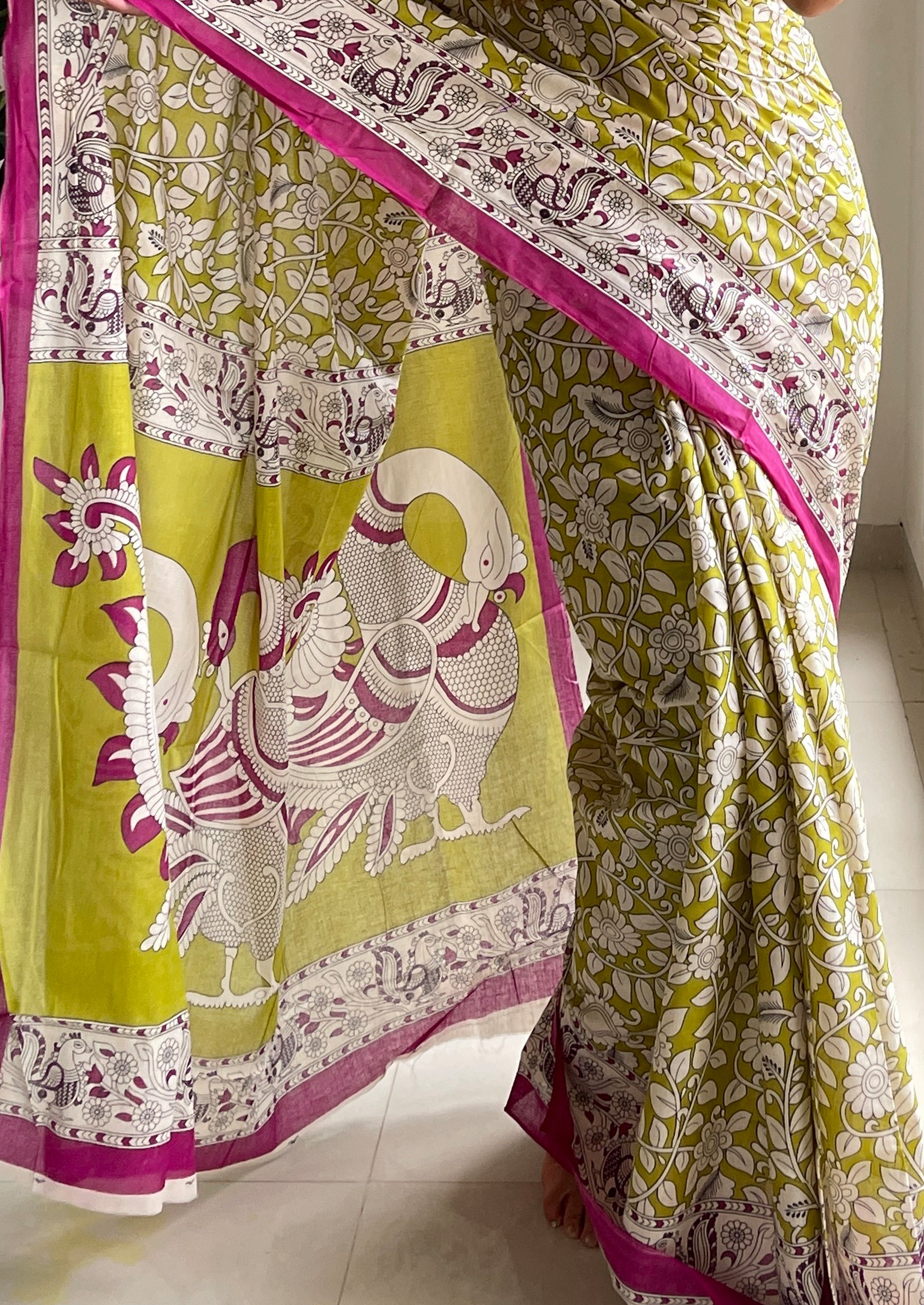 SELFI 21 PURE MUL COTTON TRADITIONAL KALMKARI HANDBLOCK PRINT OLIVE GREEN SAREE