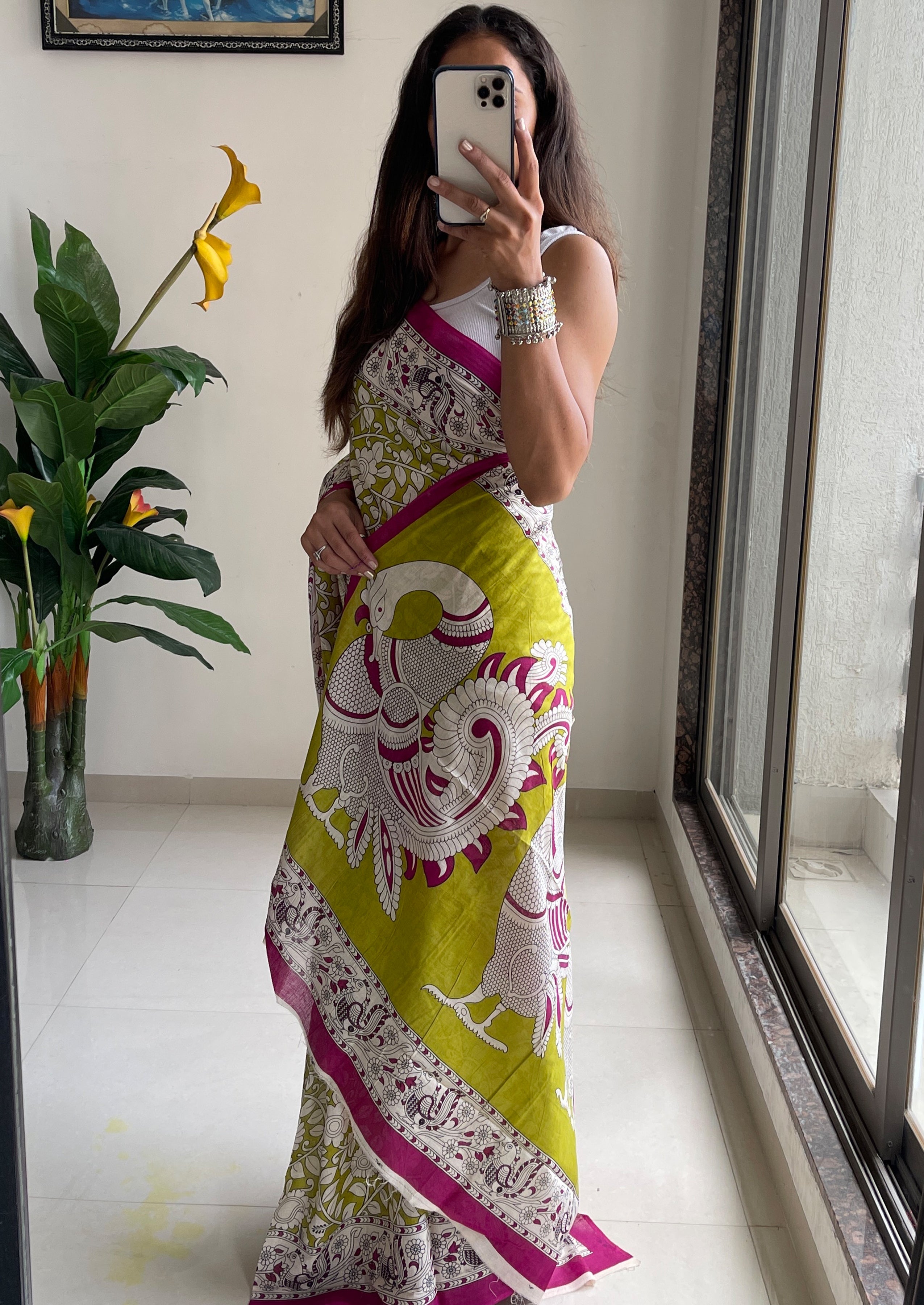 SELFI 21 PURE MUL COTTON TRADITIONAL KALMKARI HANDBLOCK PRINT OLIVE GREEN SAREE