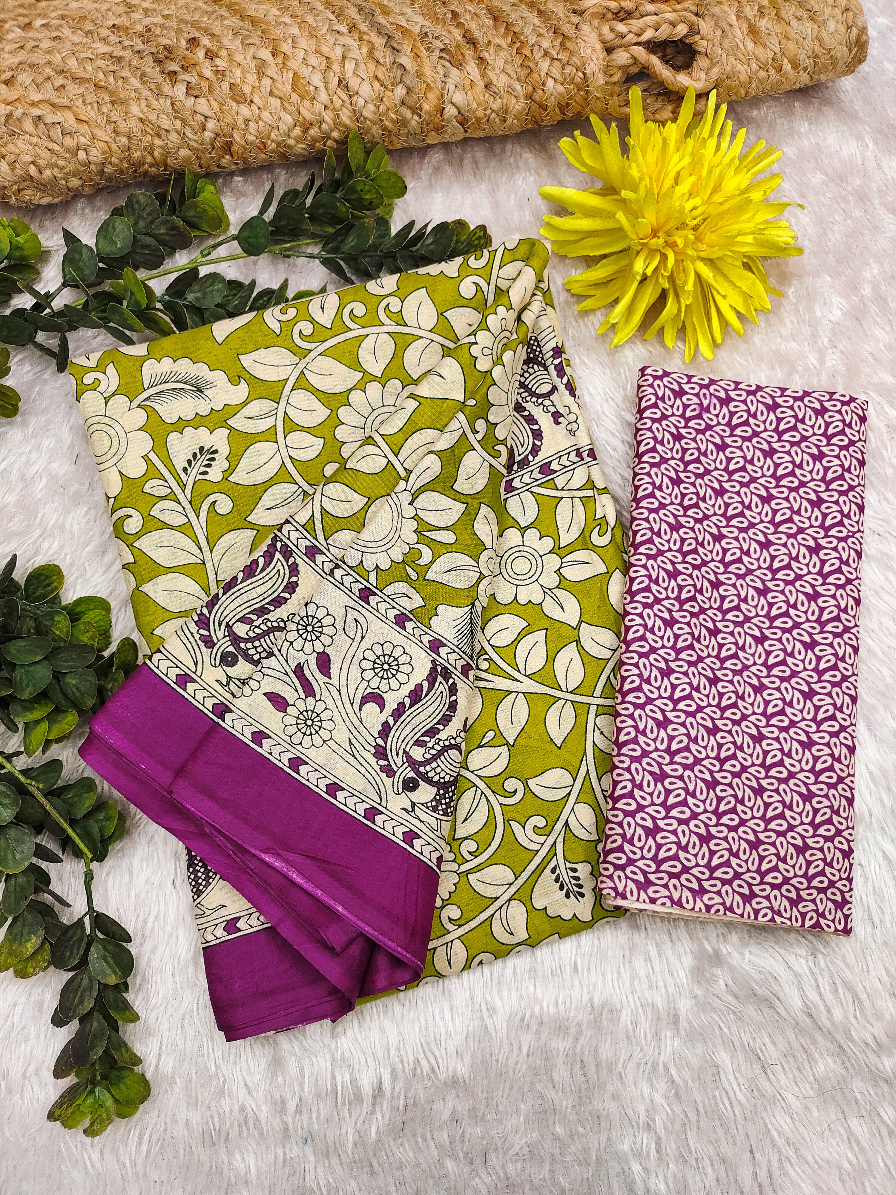 SELFI 21 PURE MUL COTTON TRADITIONAL KALMKARI HANDBLOCK PRINT OLIVE GREEN SAREE