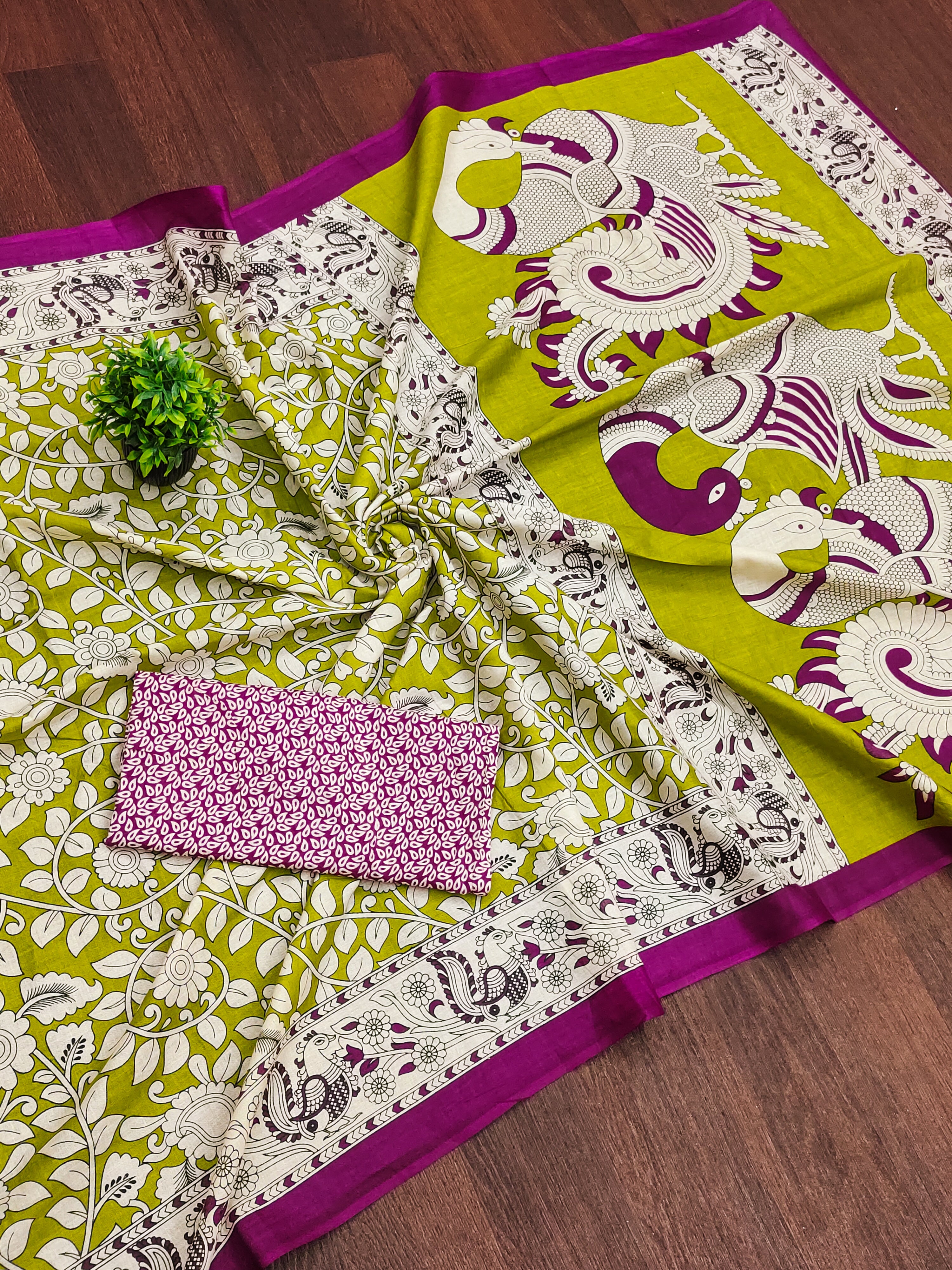 SELFI 21 PURE MUL COTTON TRADITIONAL KALMKARI HANDBLOCK PRINT OLIVE GREEN SAREE