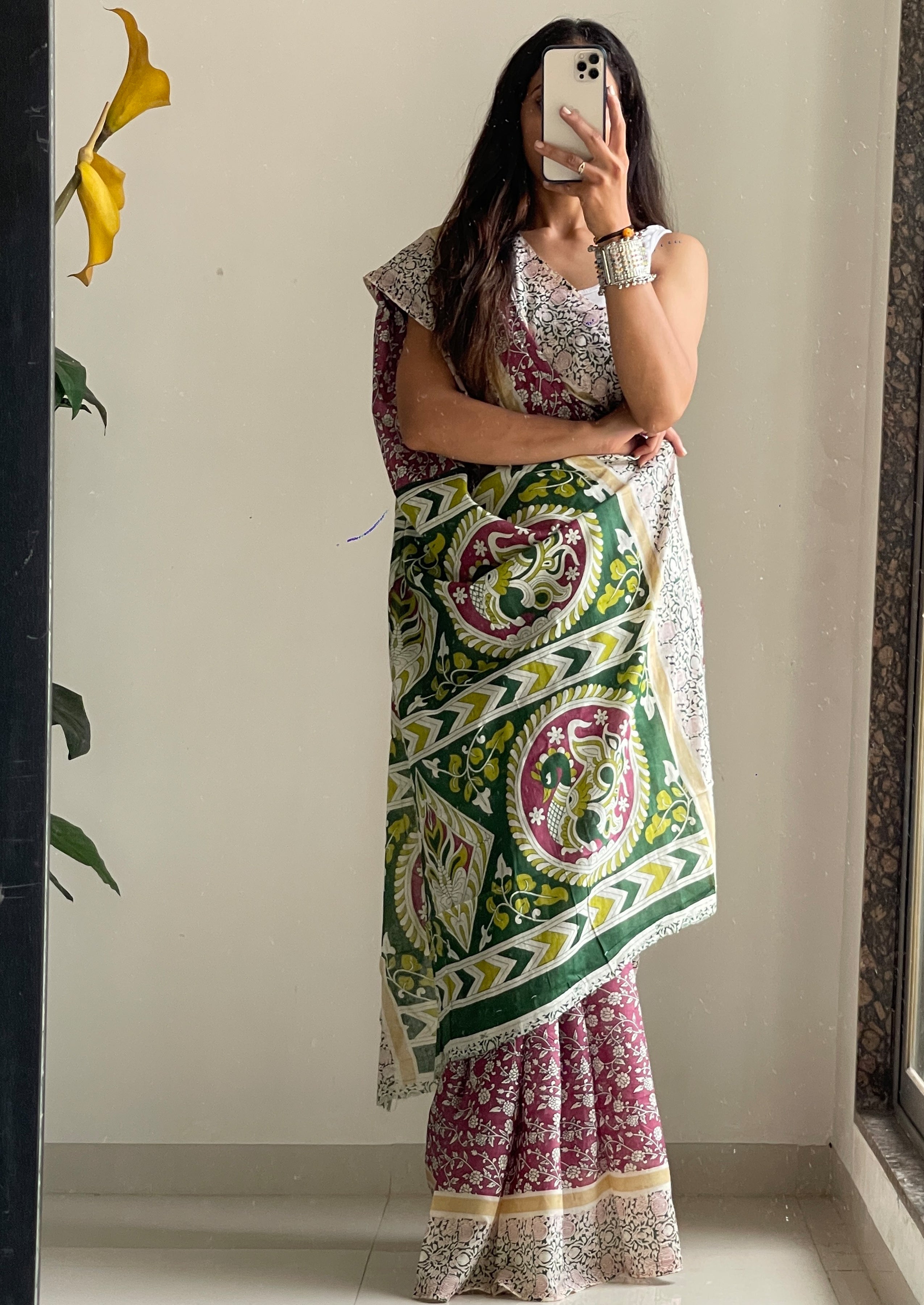 SELFI 22 PURE MUL COTTON TRADITIONAL KALMKARI HANDBLOCK PRINT LIGHT PURPLE SAREE