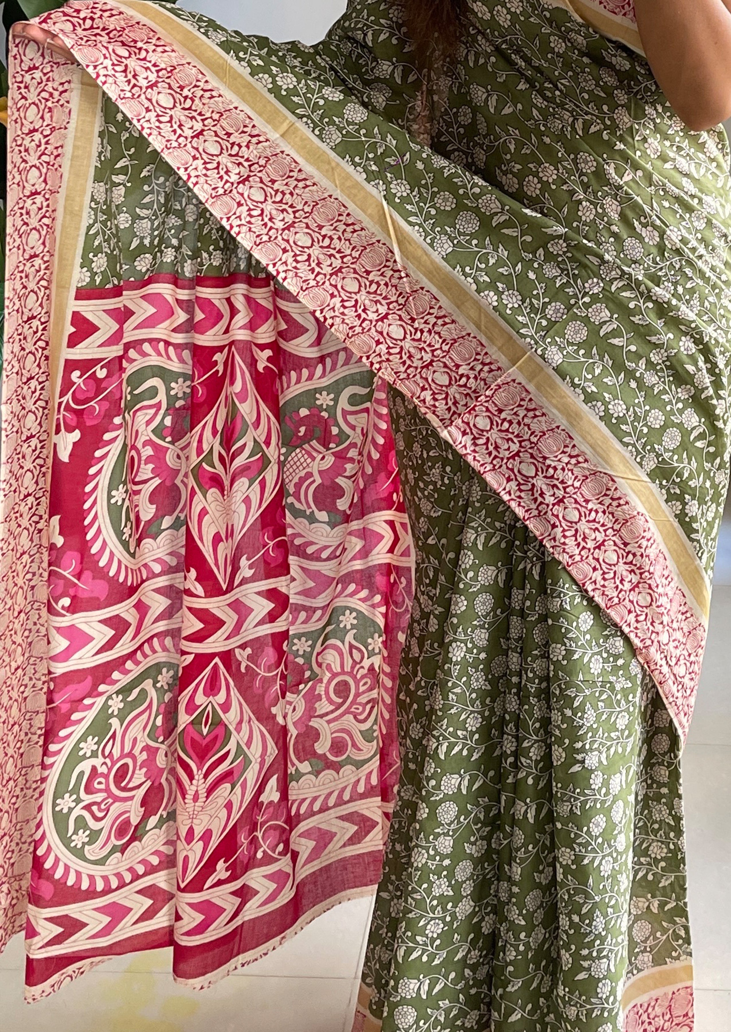 SELFI 22 PURE MUL COTTON TRADITIONAL KALMKARI HANDBLOCK PRINT OLIVE GREEN SAREE