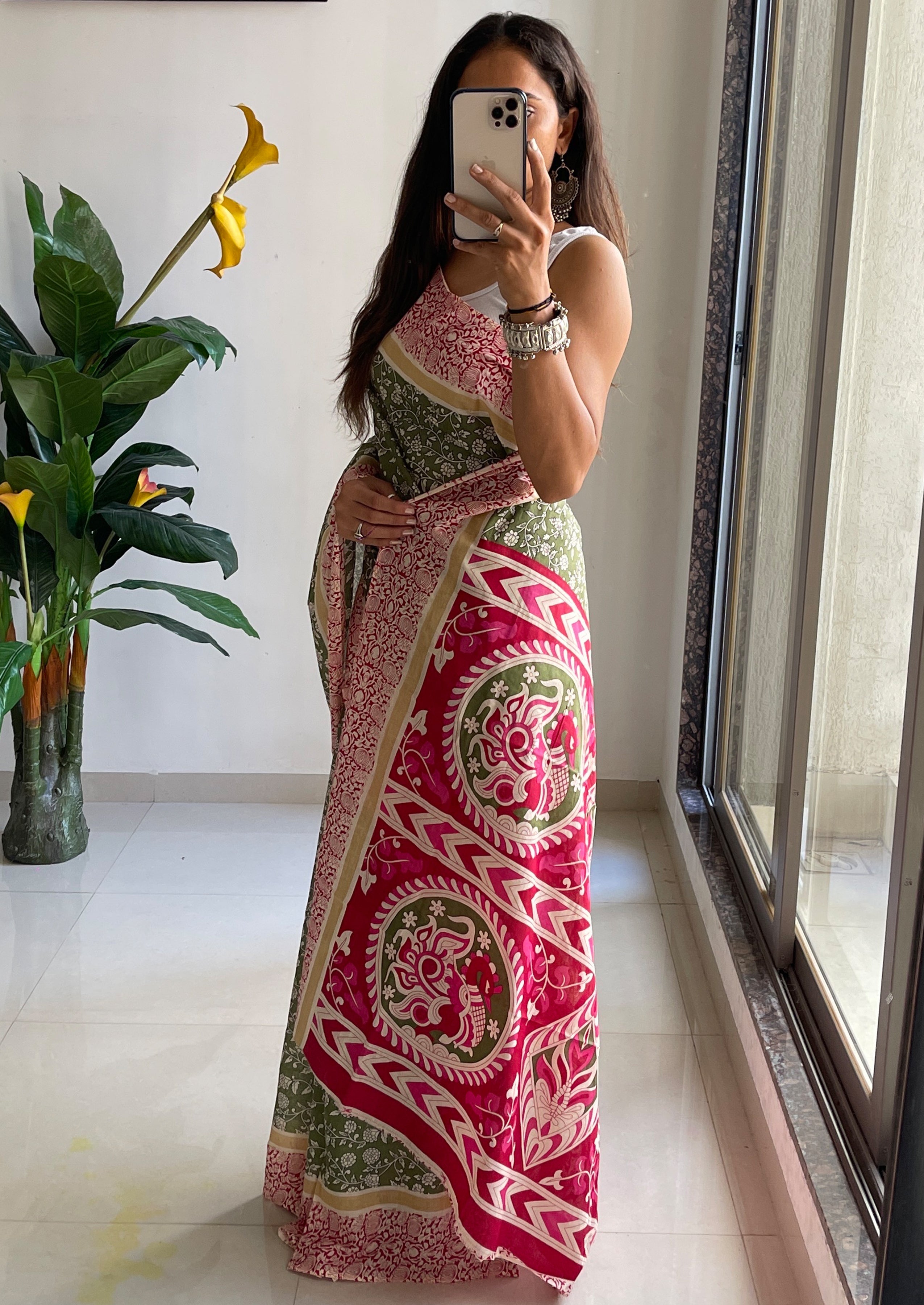 SELFI 22 PURE MUL COTTON TRADITIONAL KALMKARI HANDBLOCK PRINT OLIVE GREEN SAREE