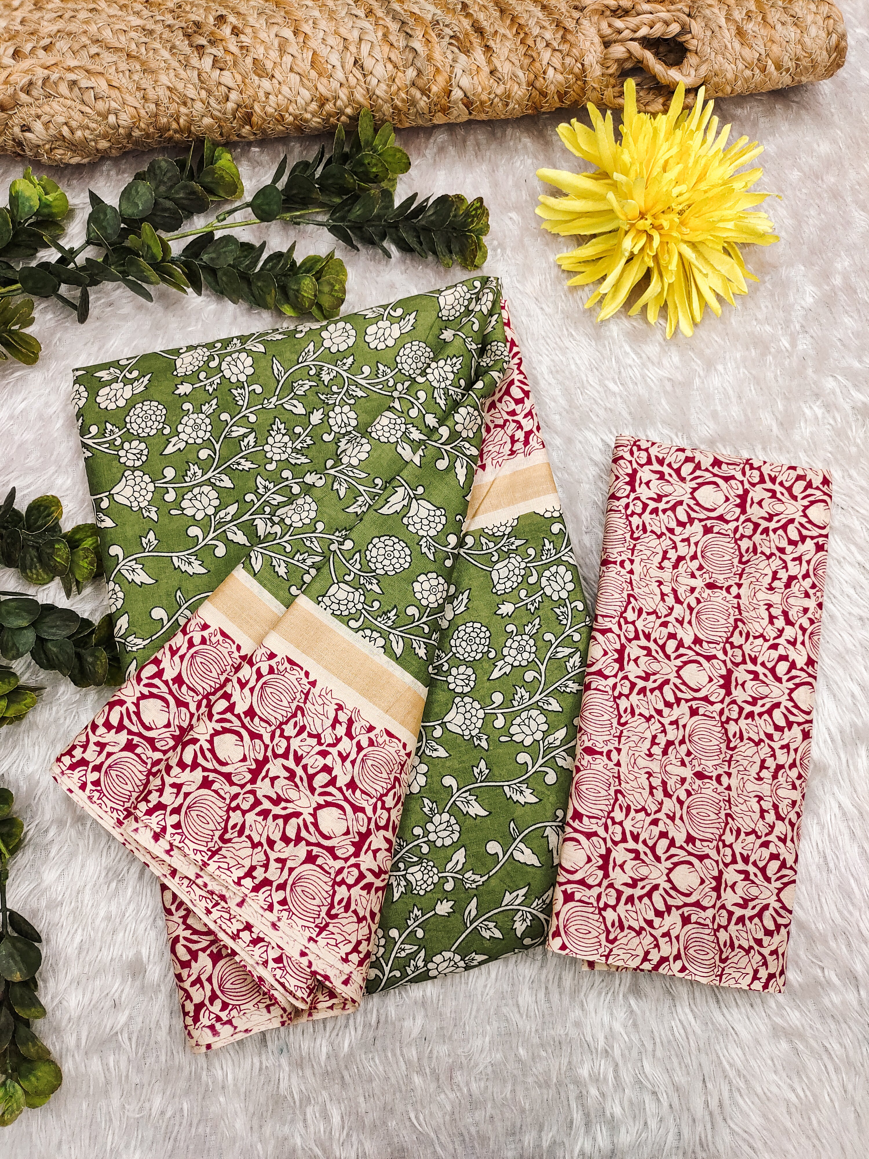 SELFI 22 PURE MUL COTTON TRADITIONAL KALMKARI HANDBLOCK PRINT OLIVE GREEN SAREE