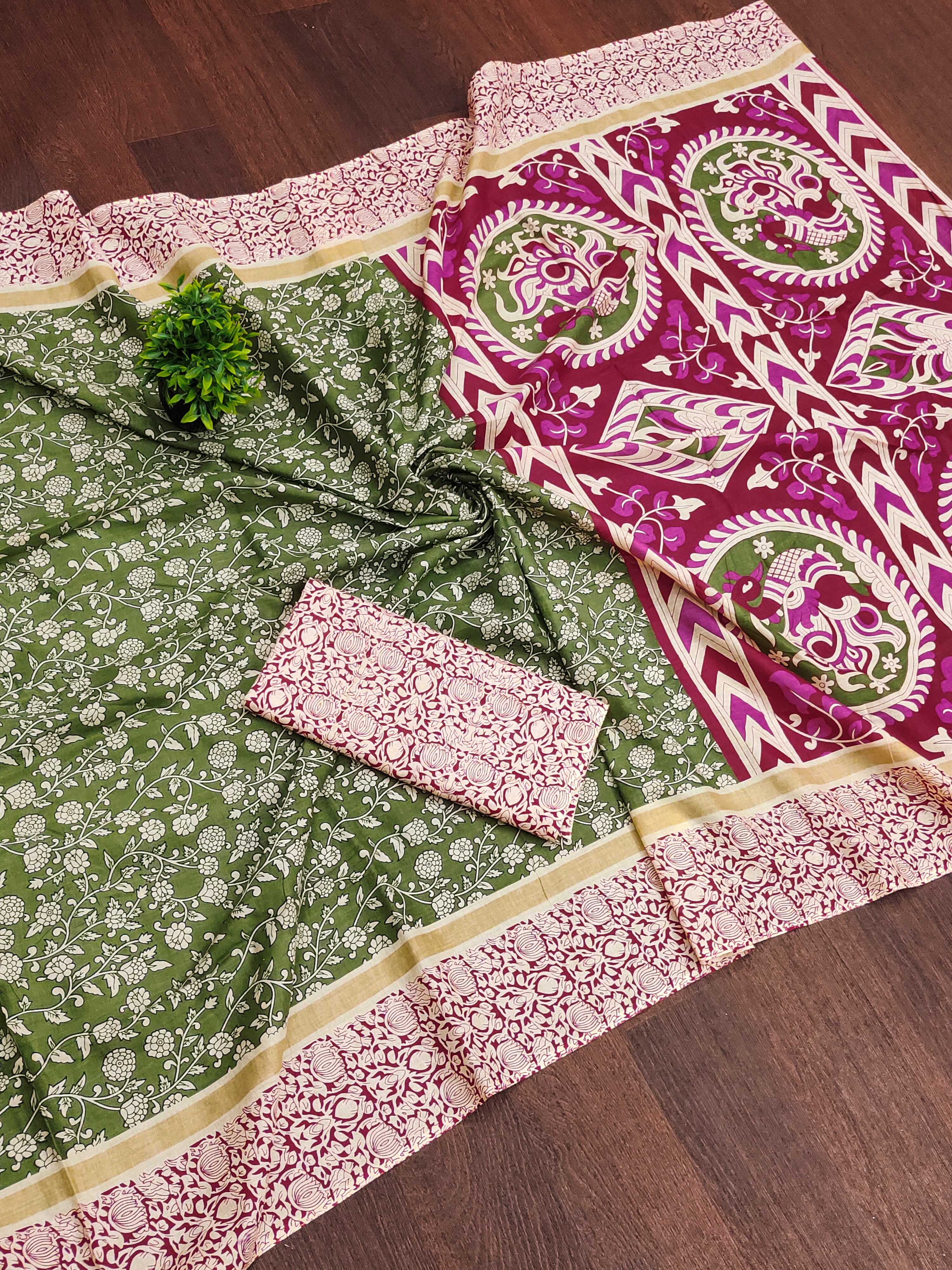 SELFI 22 PURE MUL COTTON TRADITIONAL KALMKARI HANDBLOCK PRINT OLIVE GREEN SAREE