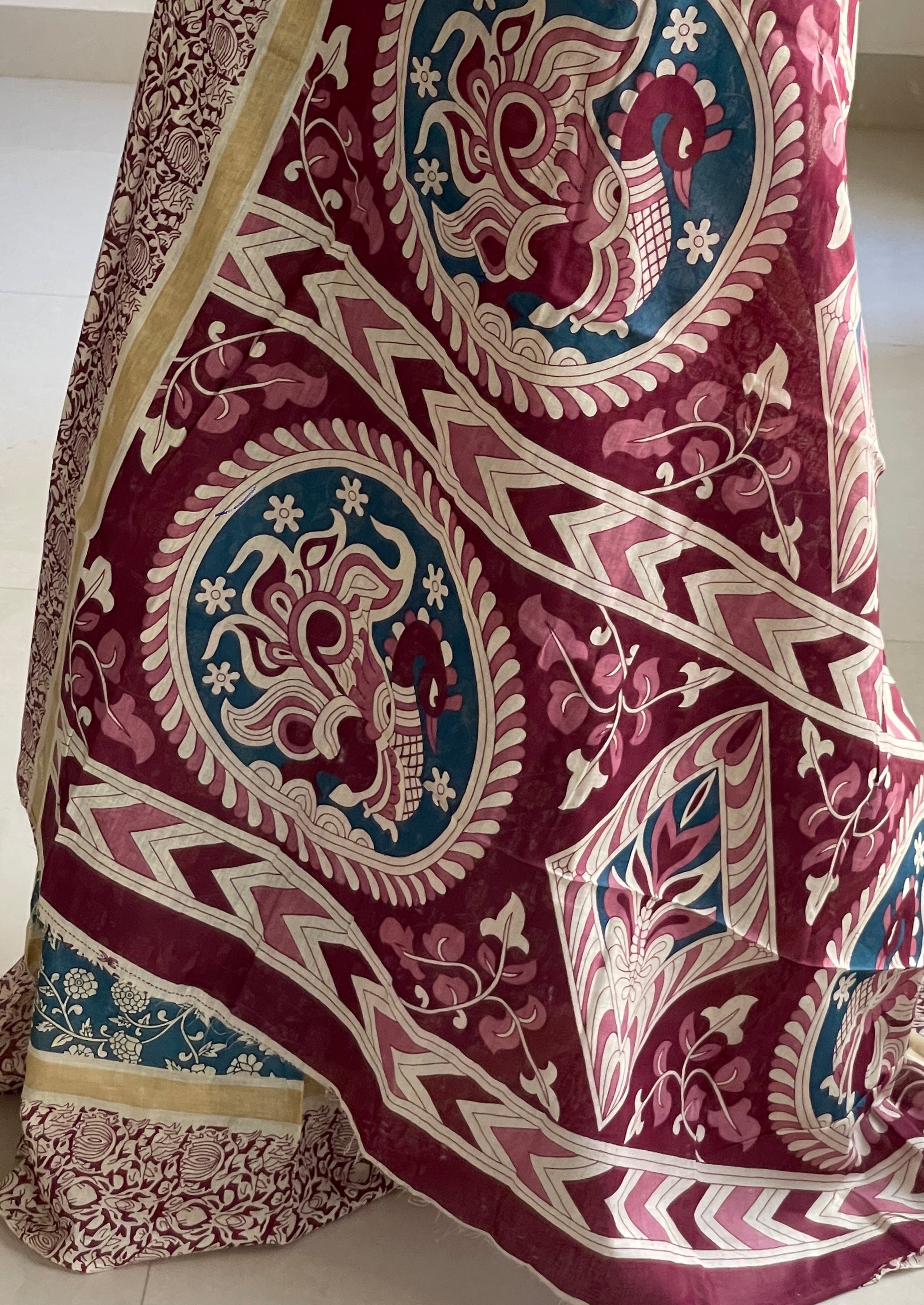 SELFI 22 PURE MUL COTTON TRADITIONAL KALMKARI HANDBLOCK PRINT TEAL BLUE SAREE