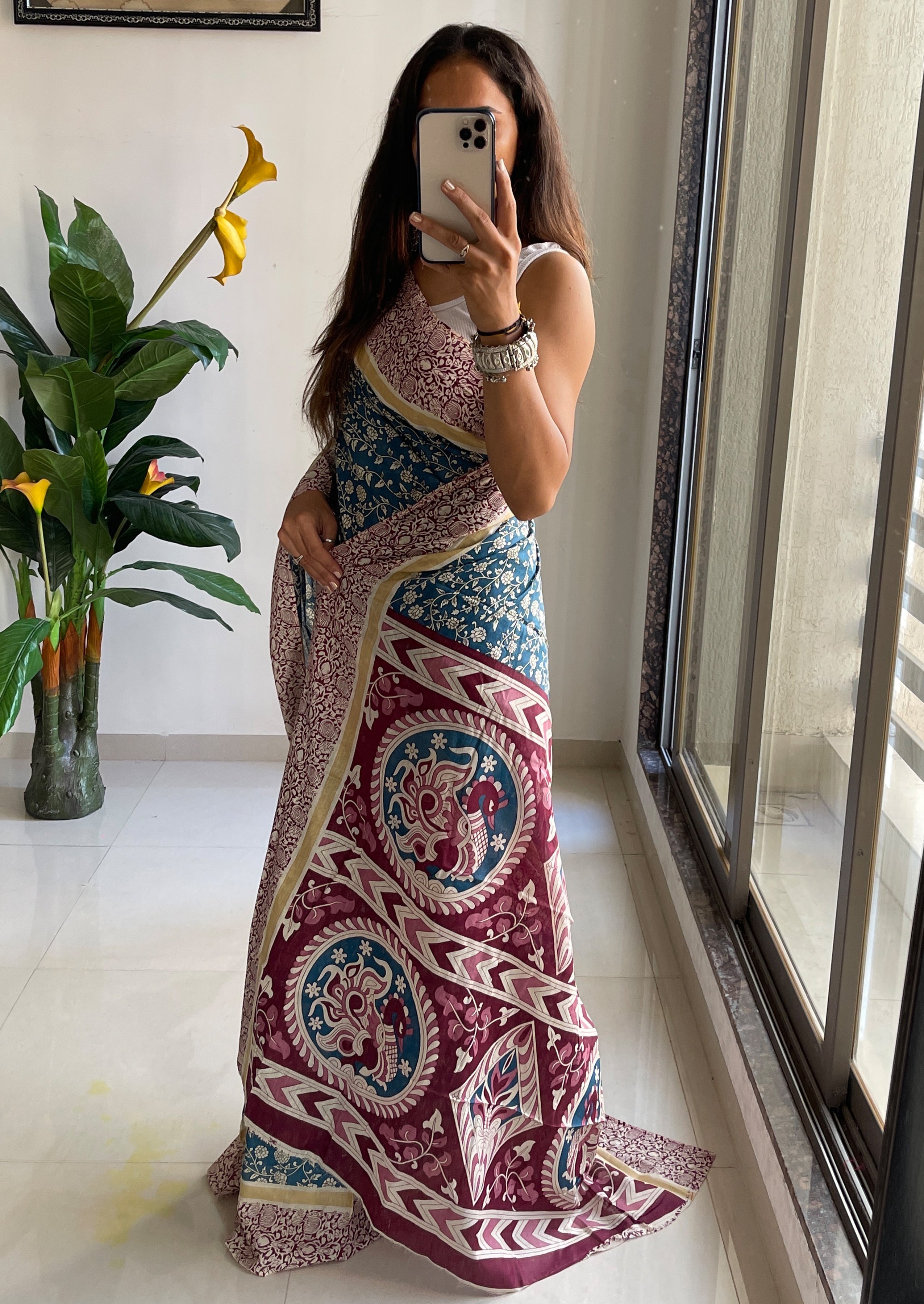 SELFI 22 PURE MUL COTTON TRADITIONAL KALMKARI HANDBLOCK PRINT TEAL BLUE SAREE