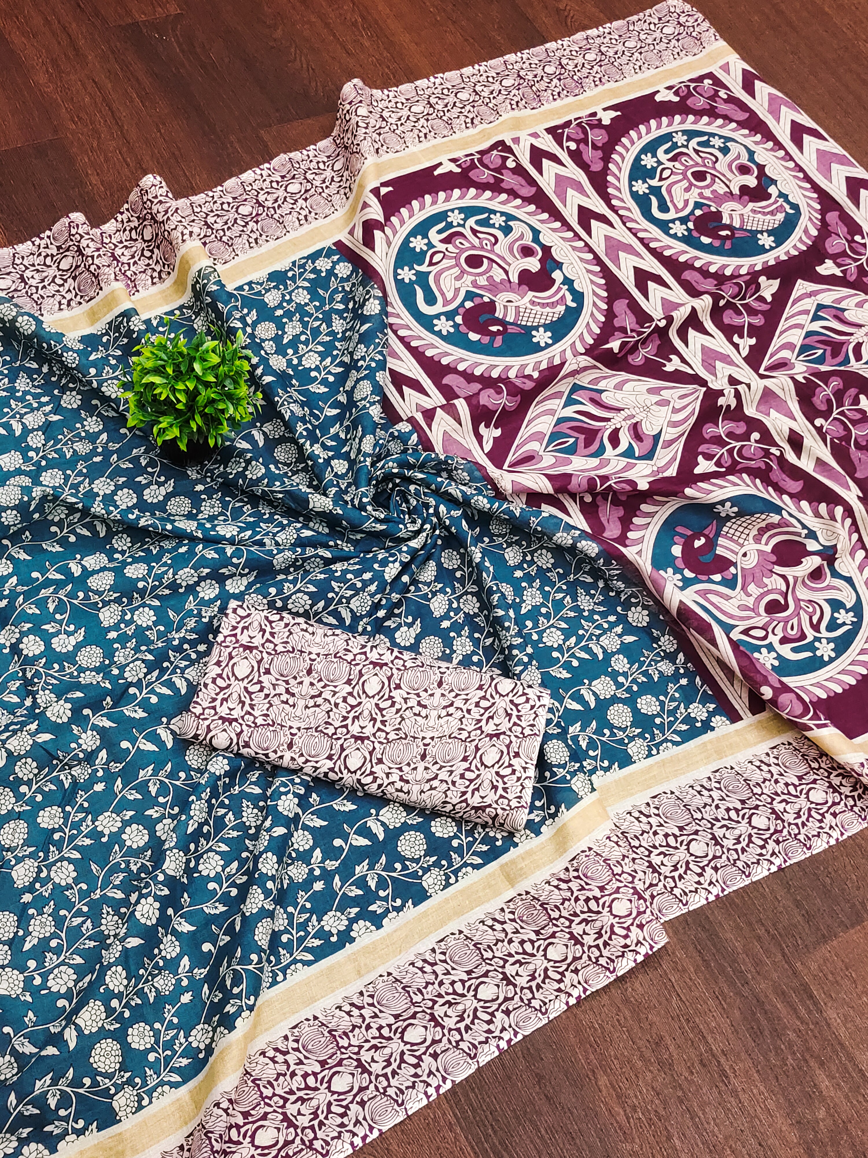 SELFI 22 PURE MUL COTTON TRADITIONAL KALMKARI HANDBLOCK PRINT TEAL BLUE SAREE